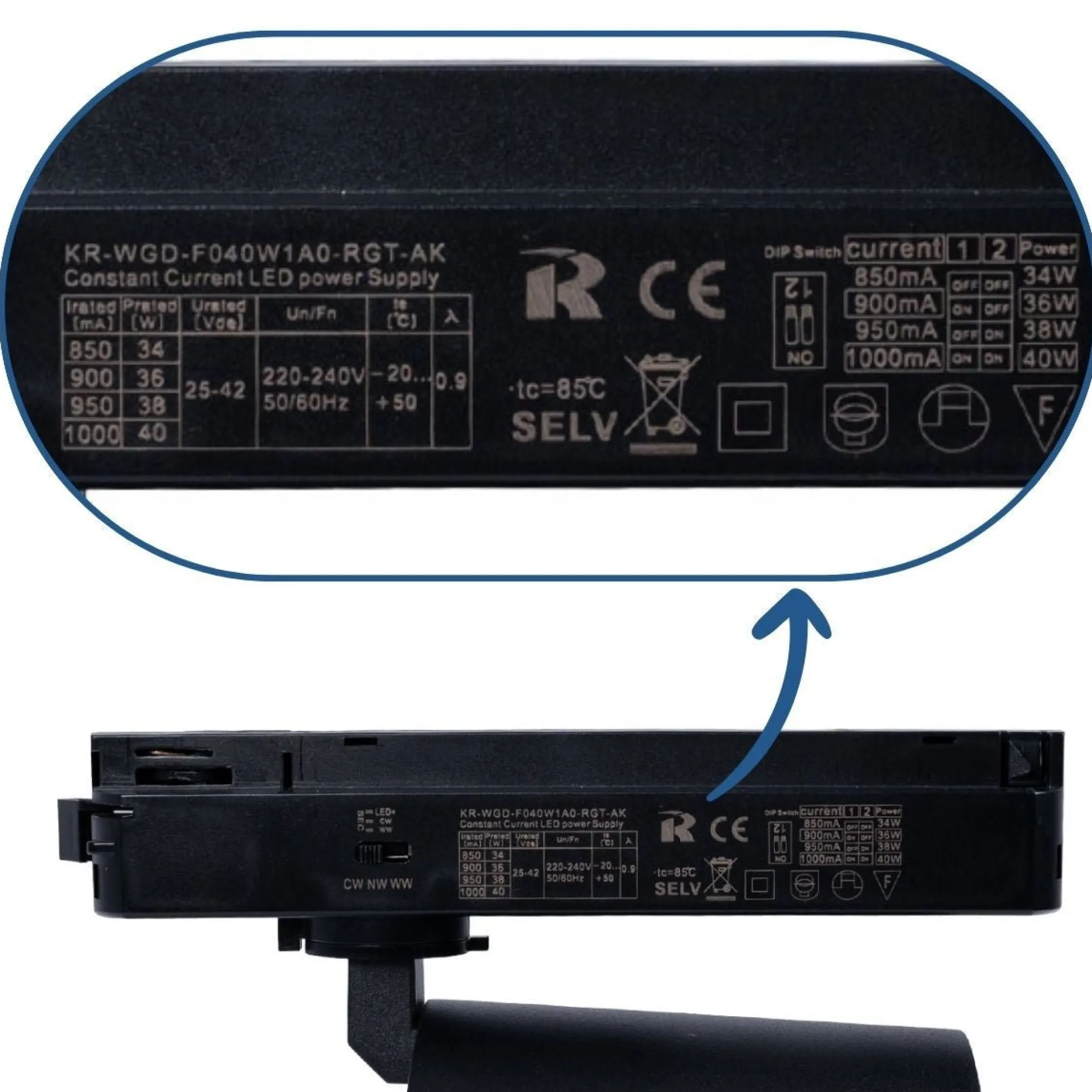Proyector LED para carril monofásico CCT - 40W - CRI 90