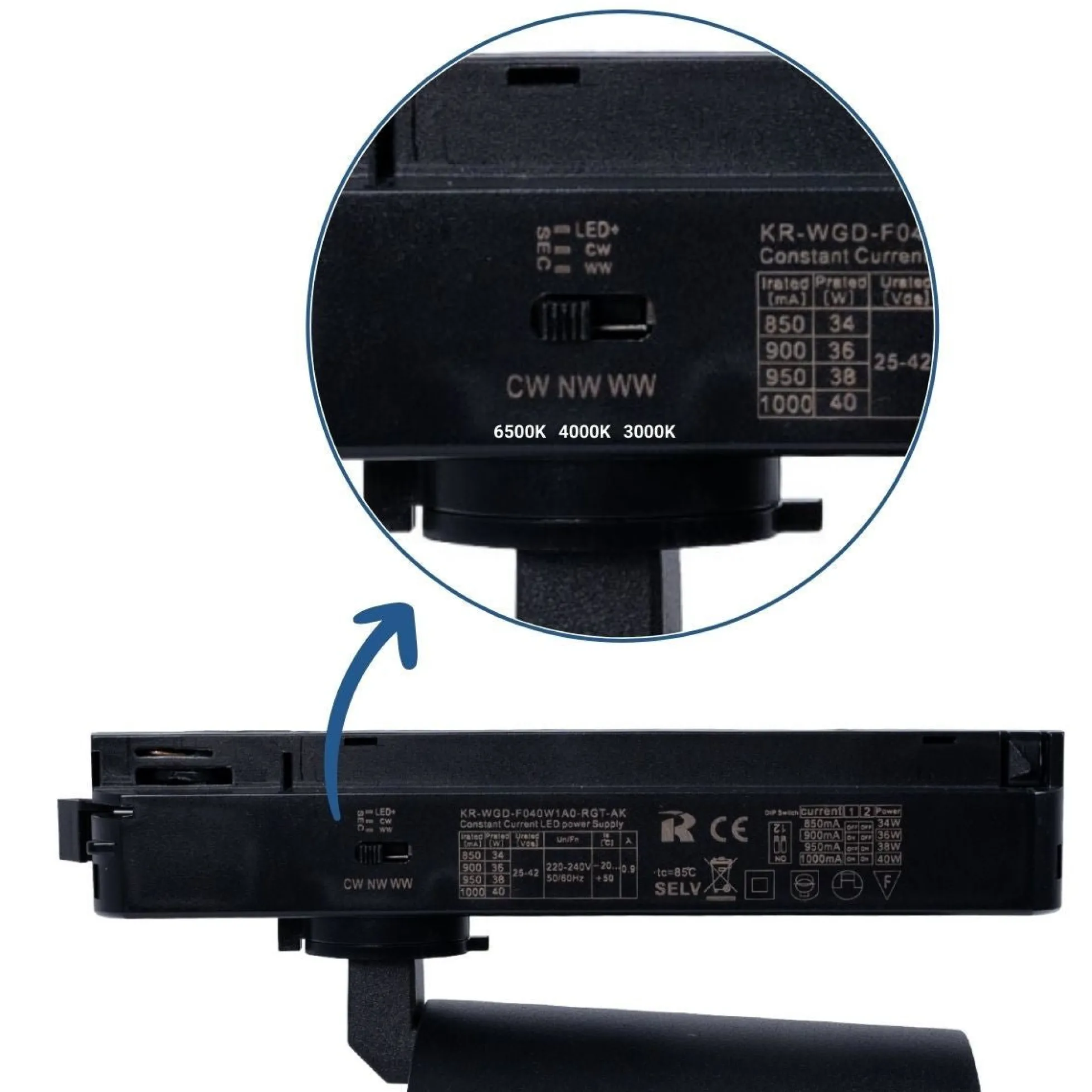 Proyector LED para carril monofásico CCT - 40W - CRI 90
