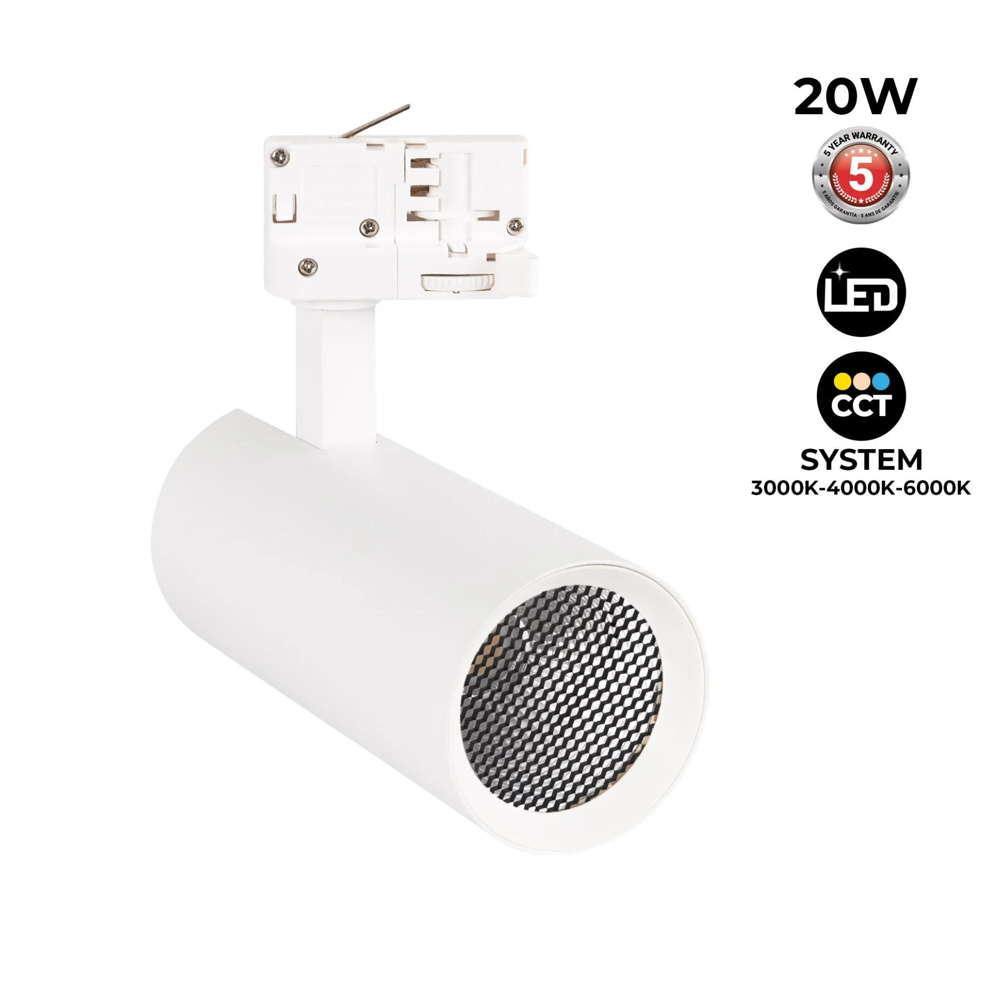 Proyector LED para carril trifásico 20W - CCT - CRI90 - 1900 lm