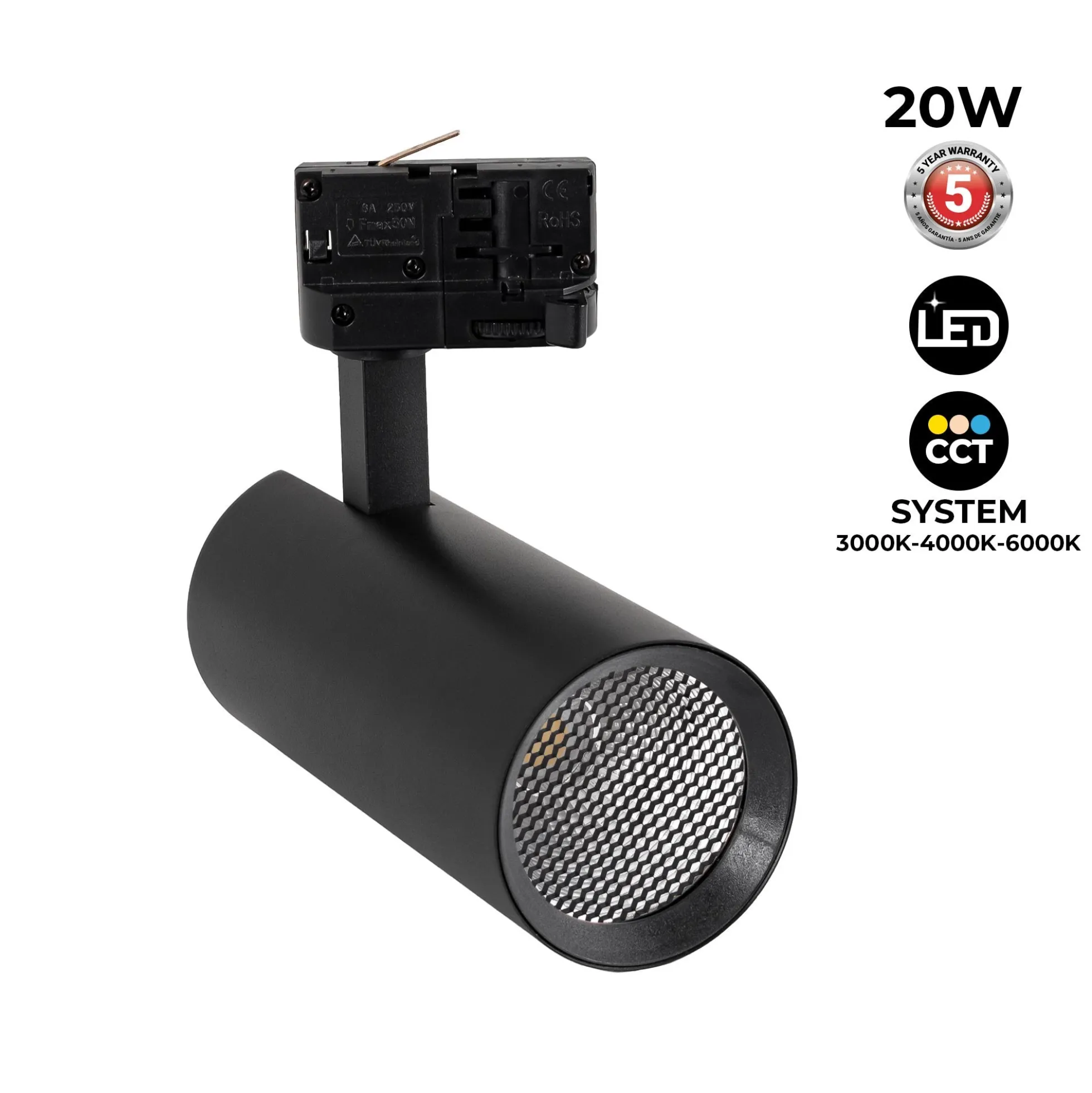 Proyector LED para carril trifásico 20W - CCT - CRI90 - 1900 lm