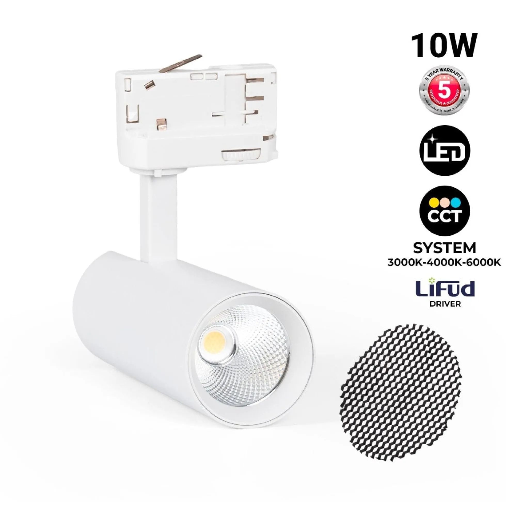 Proyector LED para carril trifásico - 10W - CCT - CRI90 - 860 lm