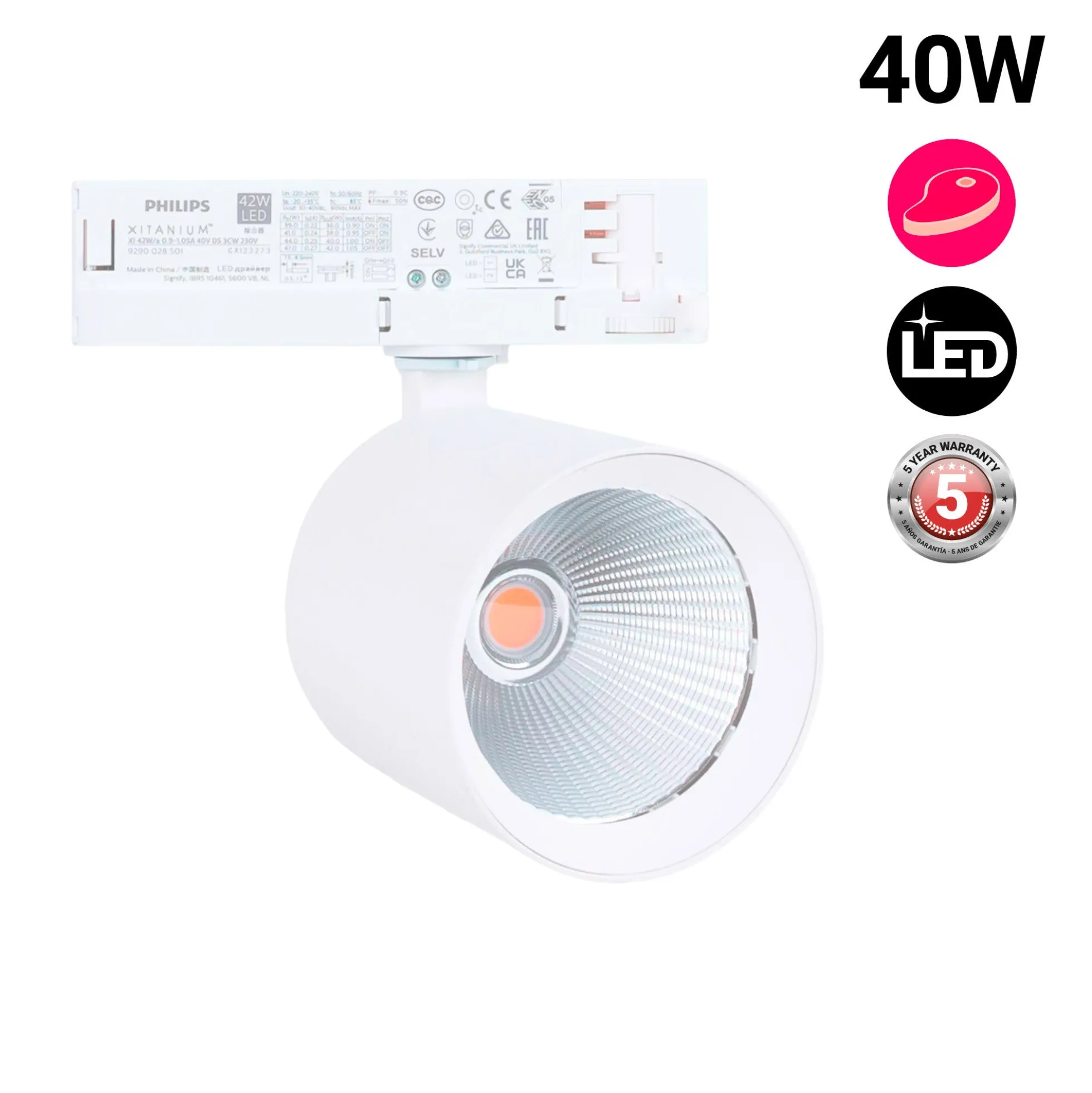 Proyector LED para carril trifásico 40W - Carnicerías - Driver Philips Xitanium