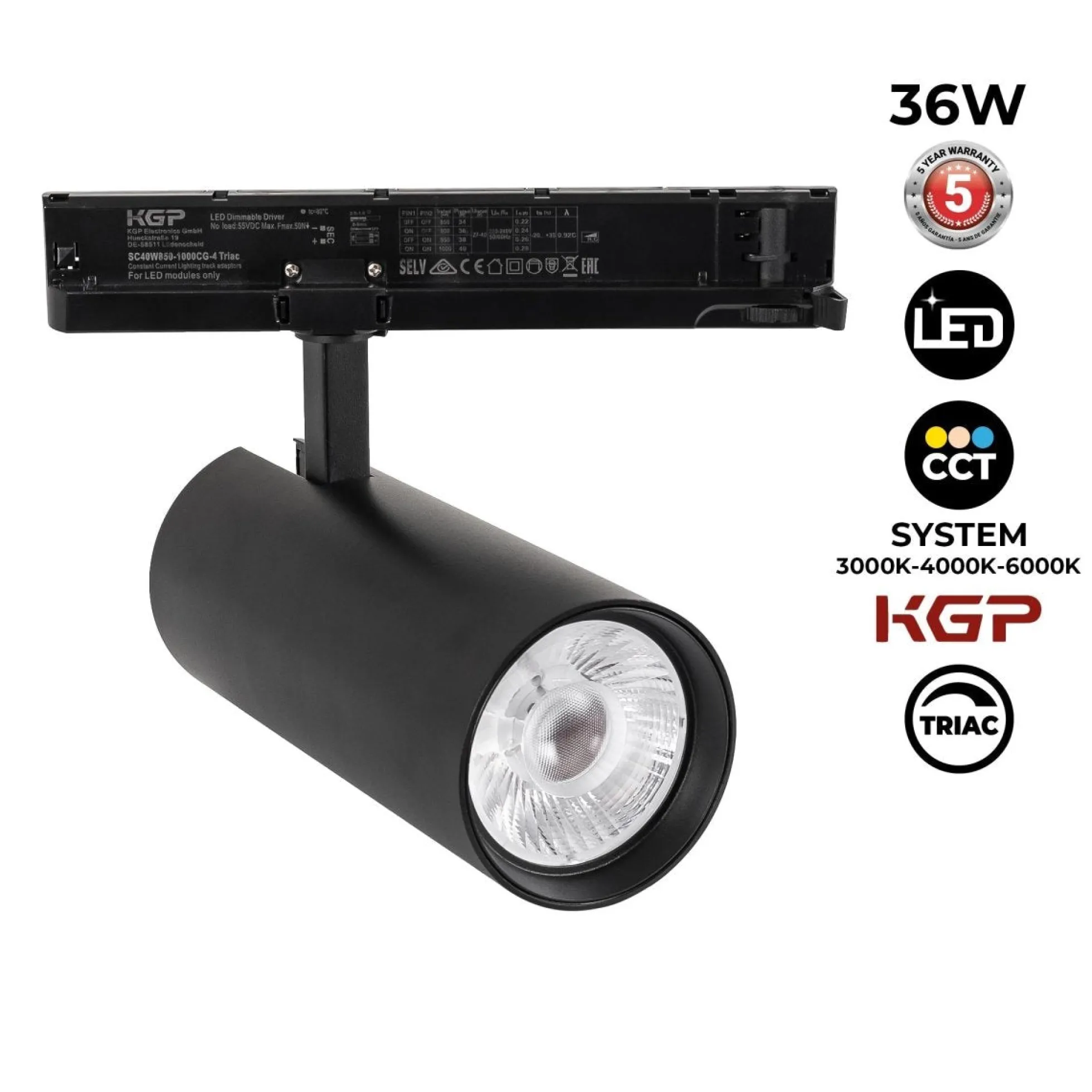 Proyector LED para carril trifásico 36W - CCT - TRIAC regulable - CRI90 - 3300 lm