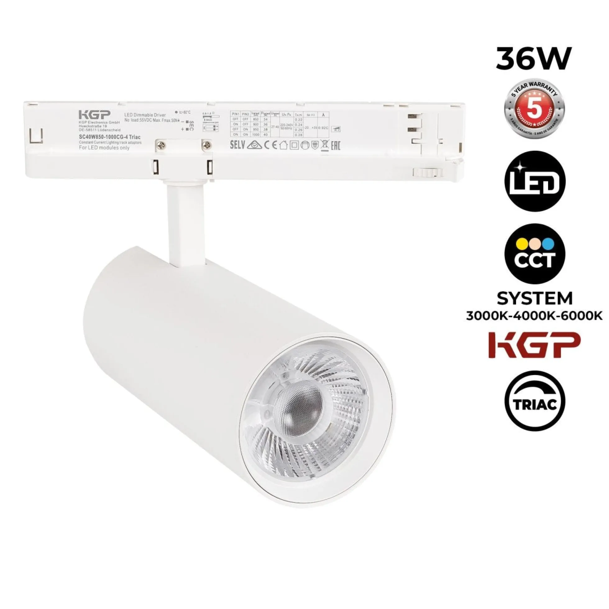 Proyector LED para carril trifásico 36W - CCT - TRIAC regulable - CRI90 - 3300 lm