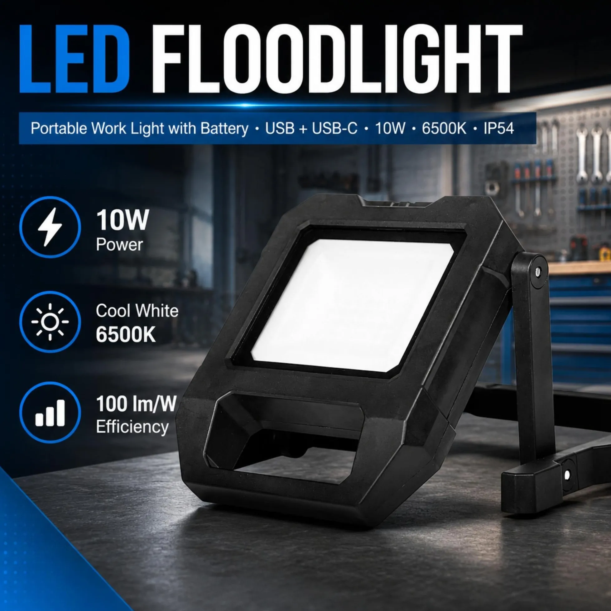 Proyector LED portátil de trabajo con batería - USB+USBC - 10W - 6500K - IP54