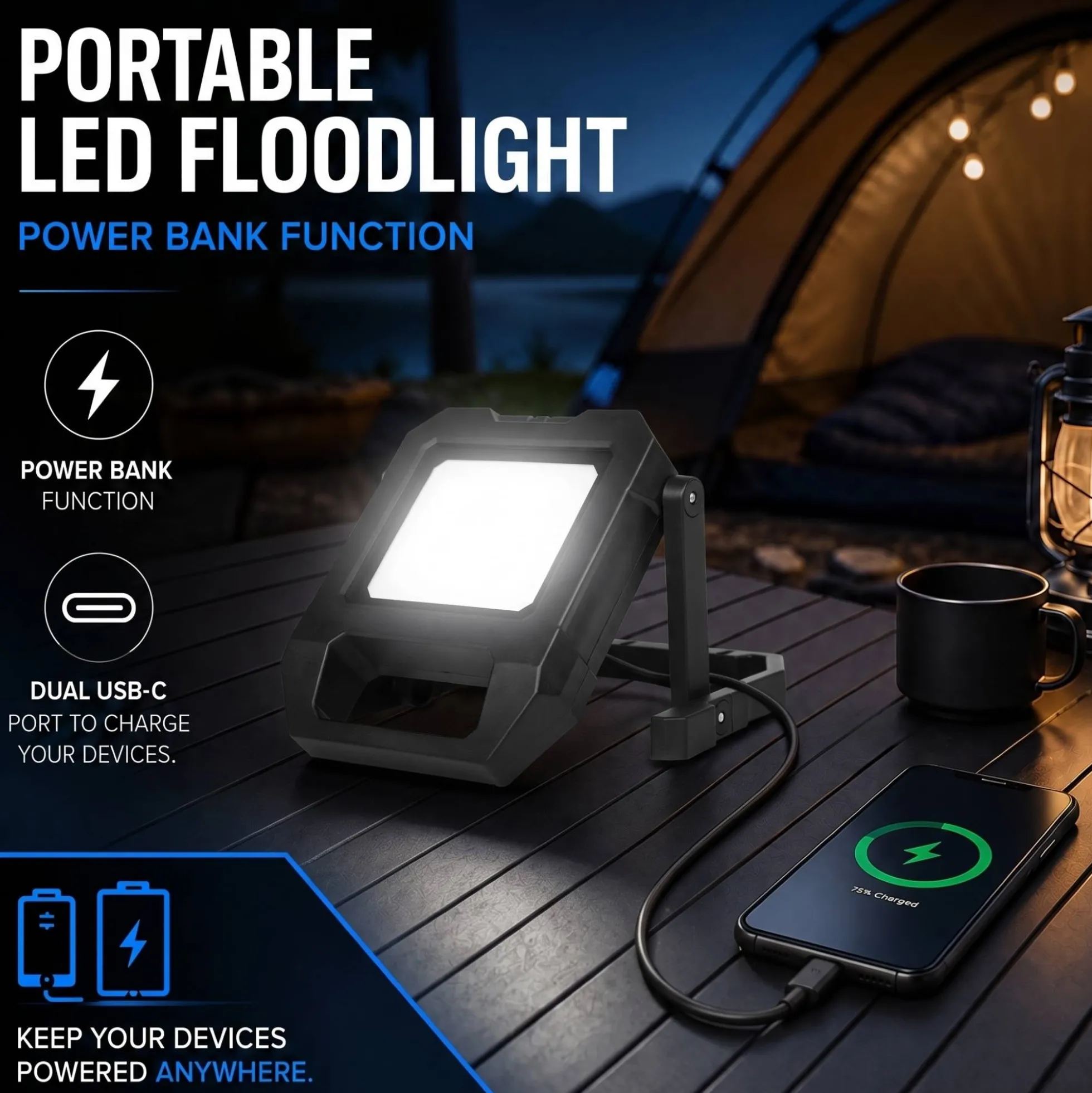 Proyector LED portátil de trabajo con batería - USB+USBC - 10W - 6500K - IP54