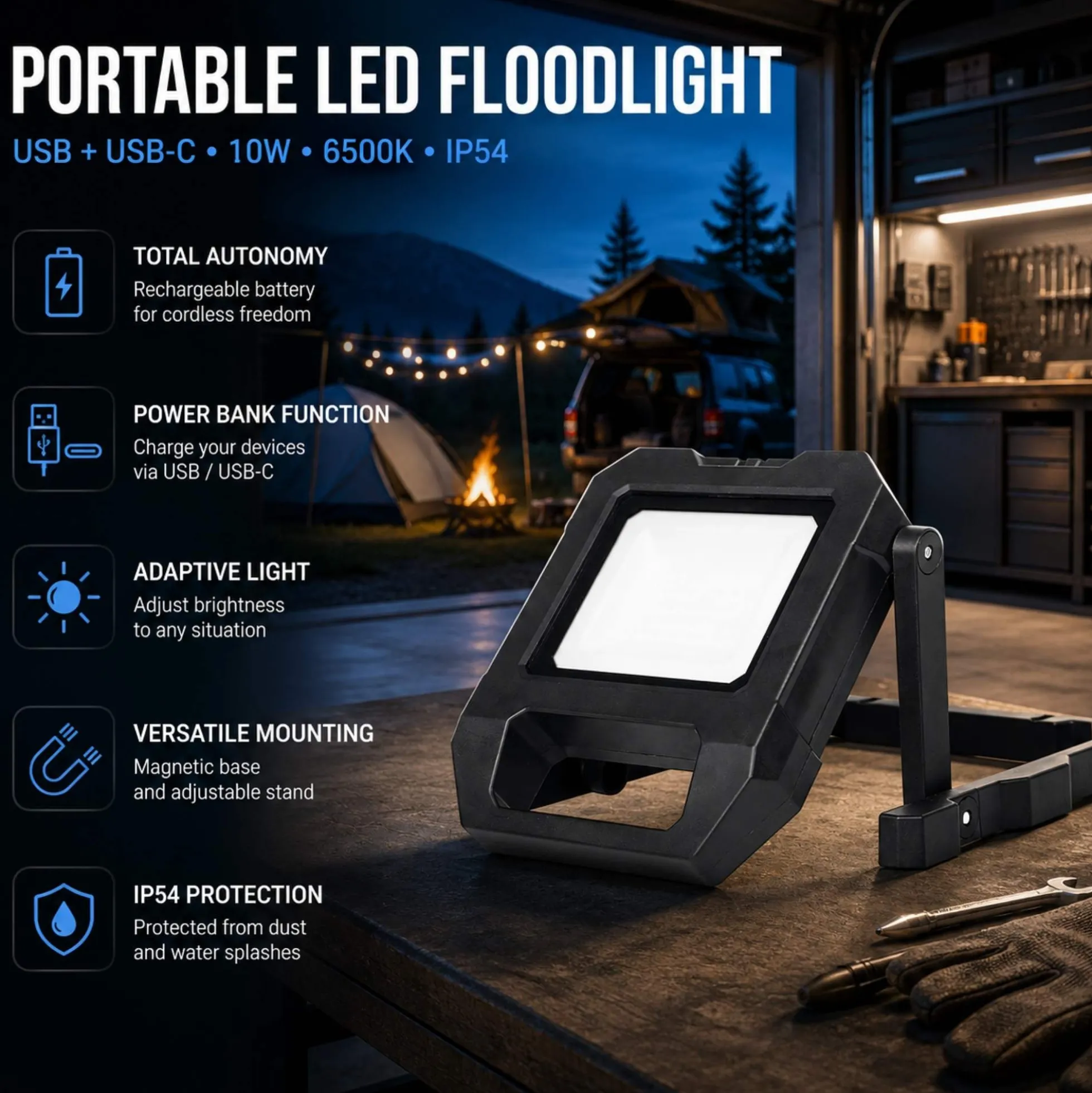 Proyector LED portátil de trabajo con batería - USB+USBC - 10W - 6500K - IP54