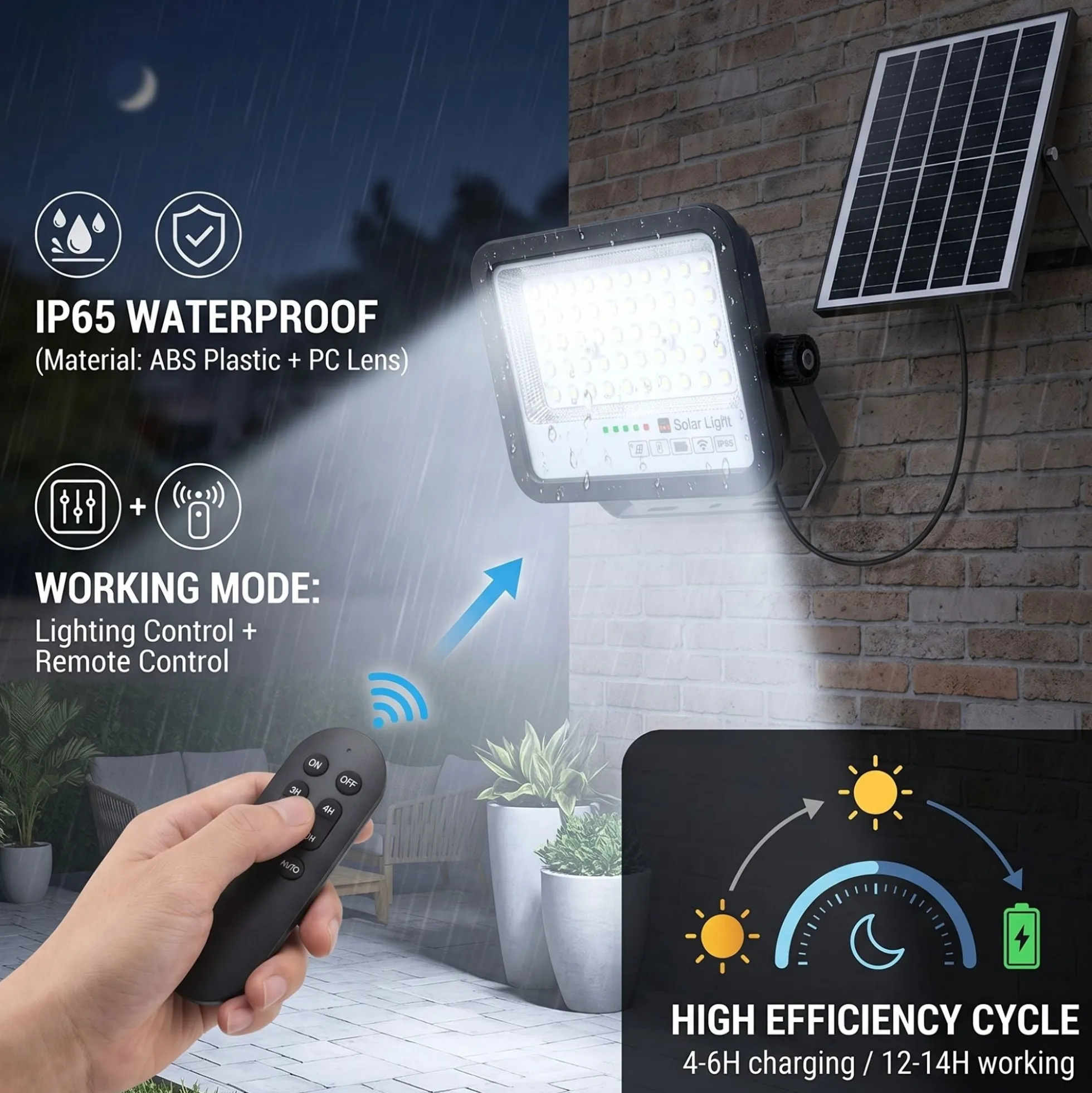 Proyector solar con panel y mando a distancia - 50W - 6500K - IP65