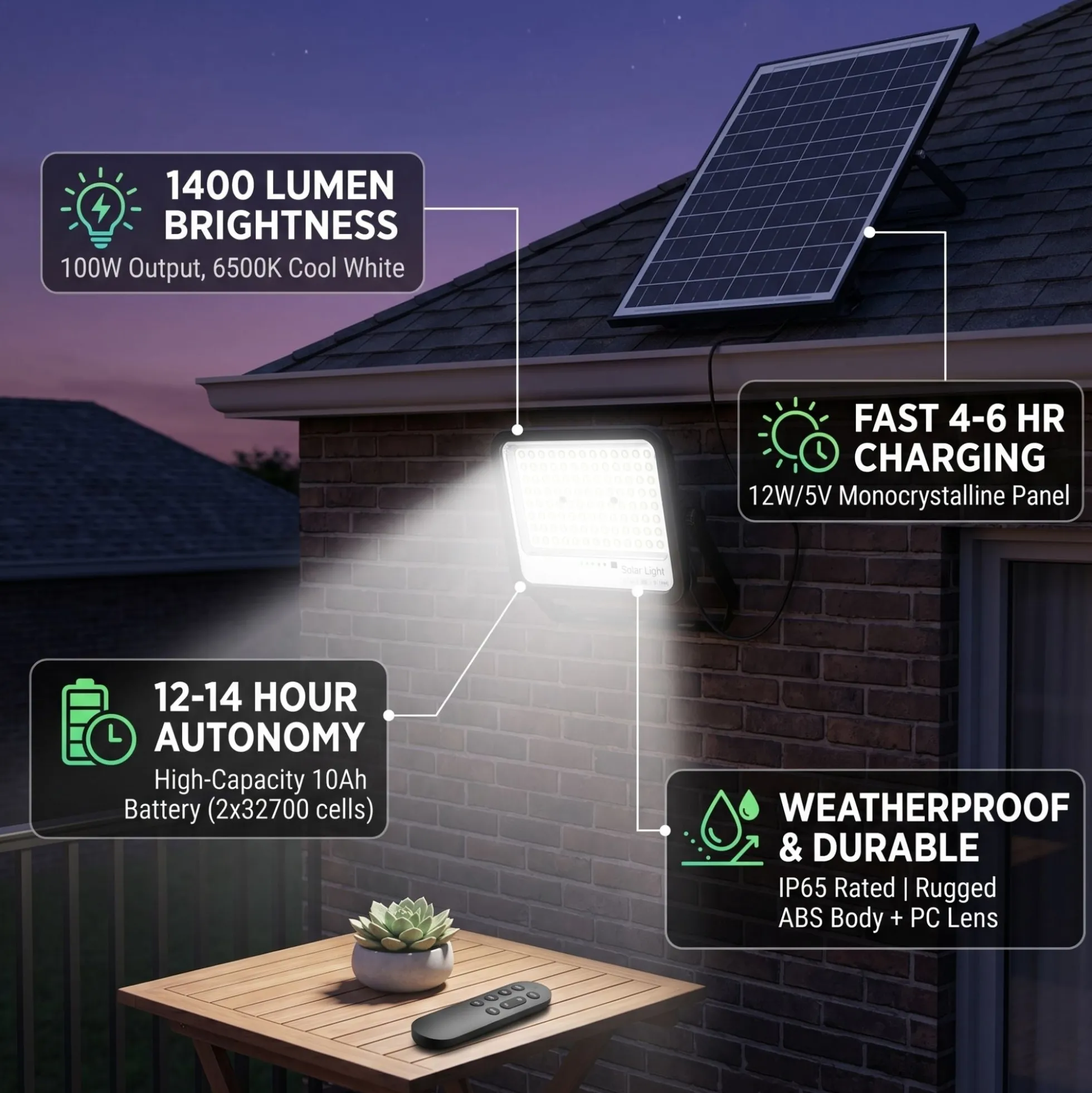 Proyector solar con panel y mando a distancia - 100W - Large - 6500K - IP65