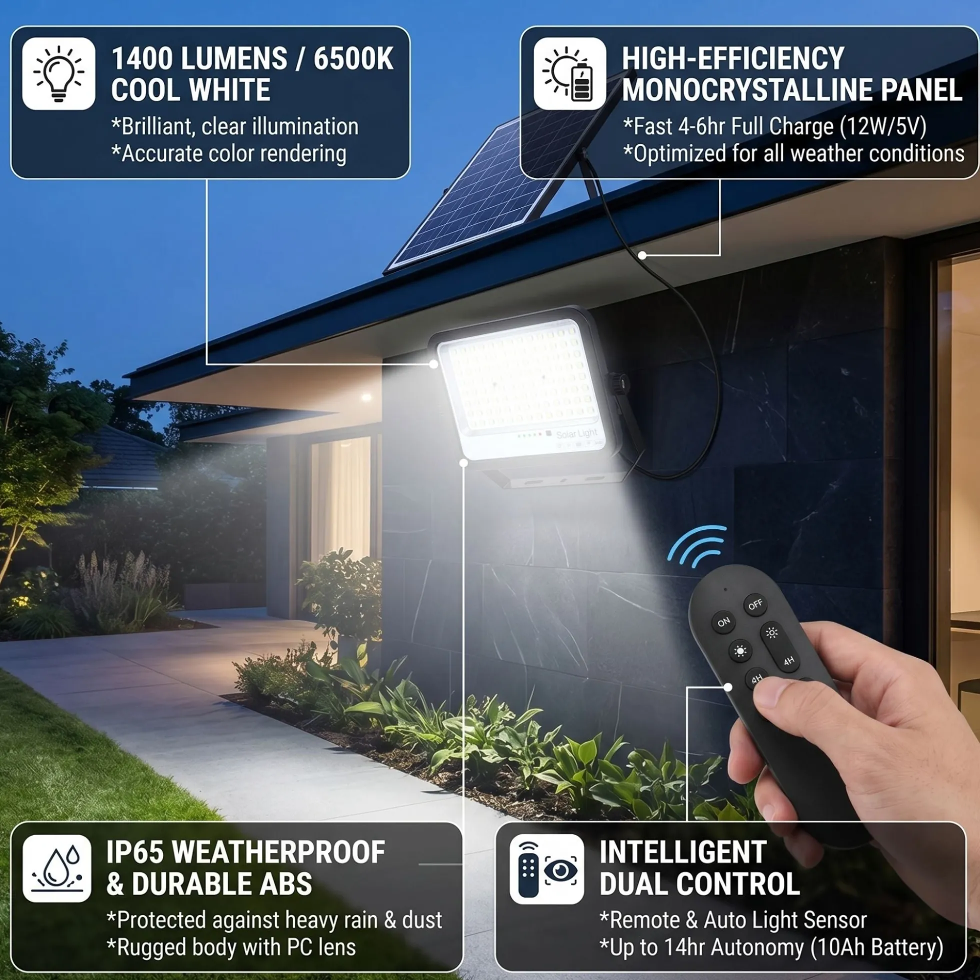Proyector solar con panel y mando a distancia - 100W - Large - 6500K - IP65