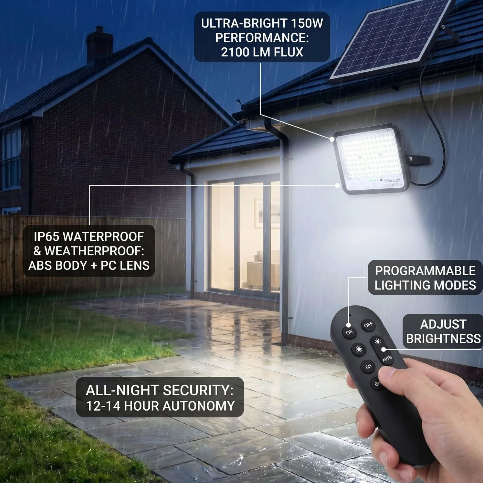 Proyector solar con panel y mando a distancia - 150W - 6500K - IP65