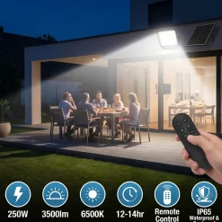 Proyector solar con panel y mando a distancia - 250W - 6500K - IP65