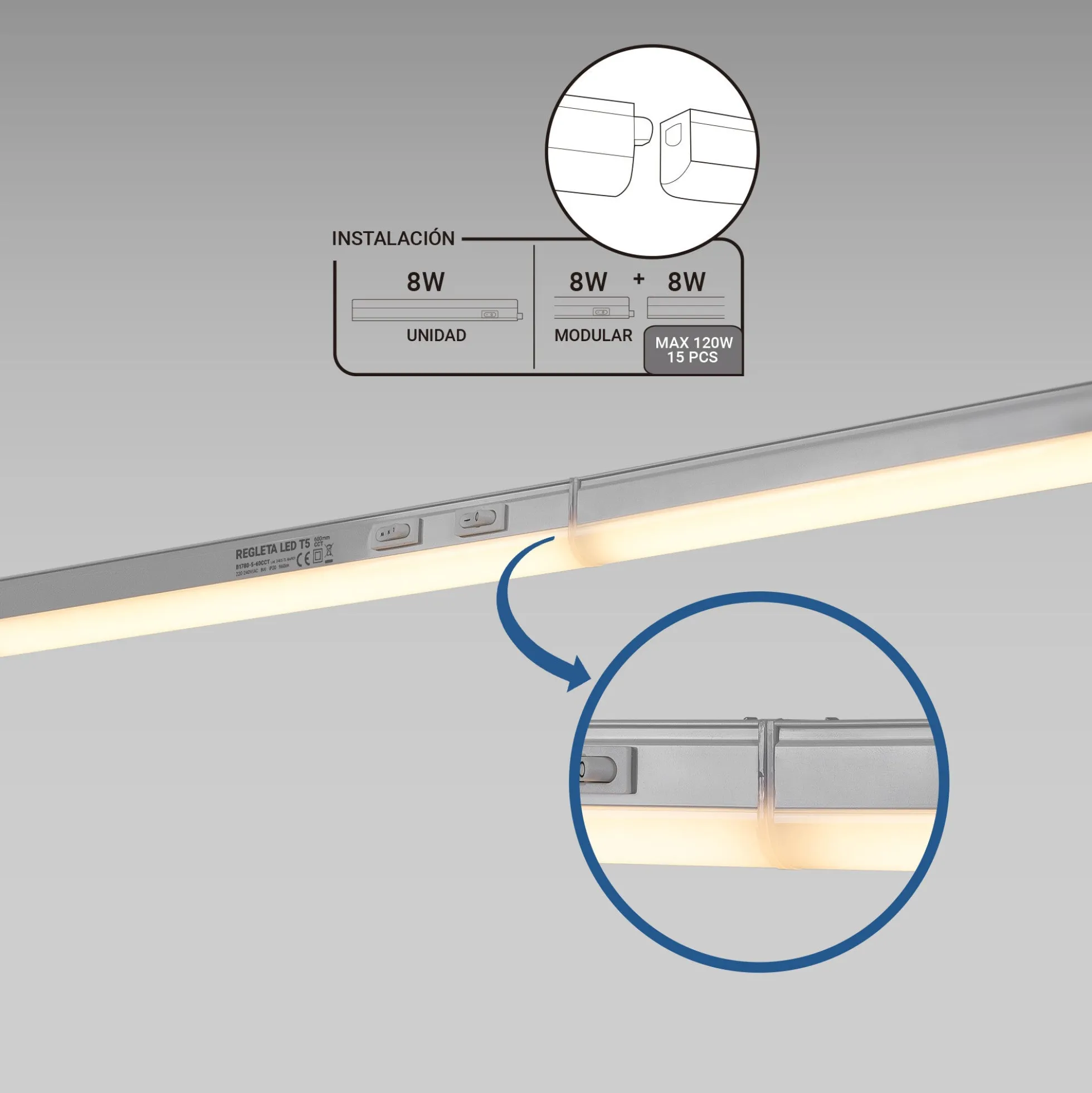 Regleta LED bajo mueble T5 - 8W - CCT - 60 cm - Opal