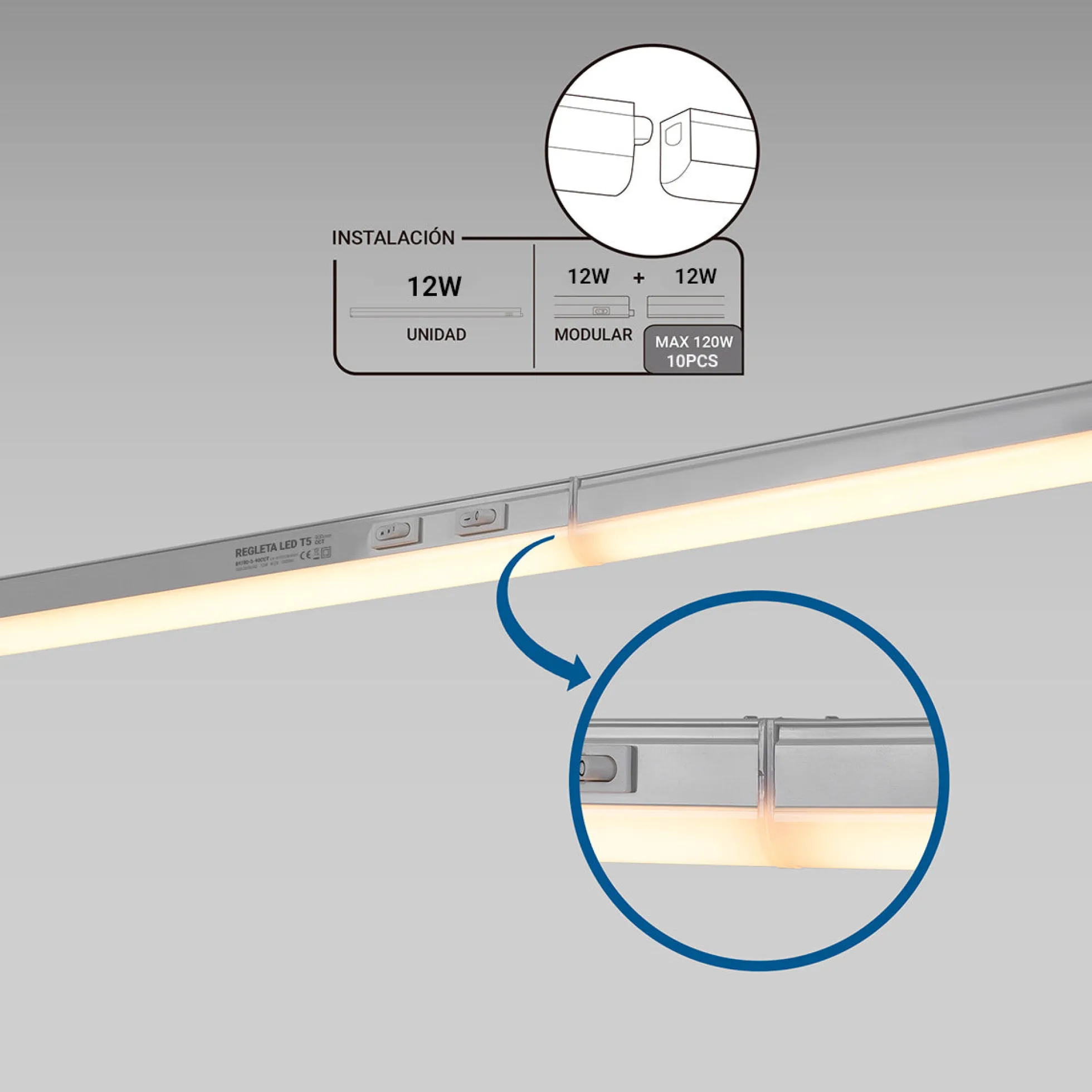 Regleta LED bajo mueble T5 12W CCT 90 cm | Luz blanca ajustable + interruptor