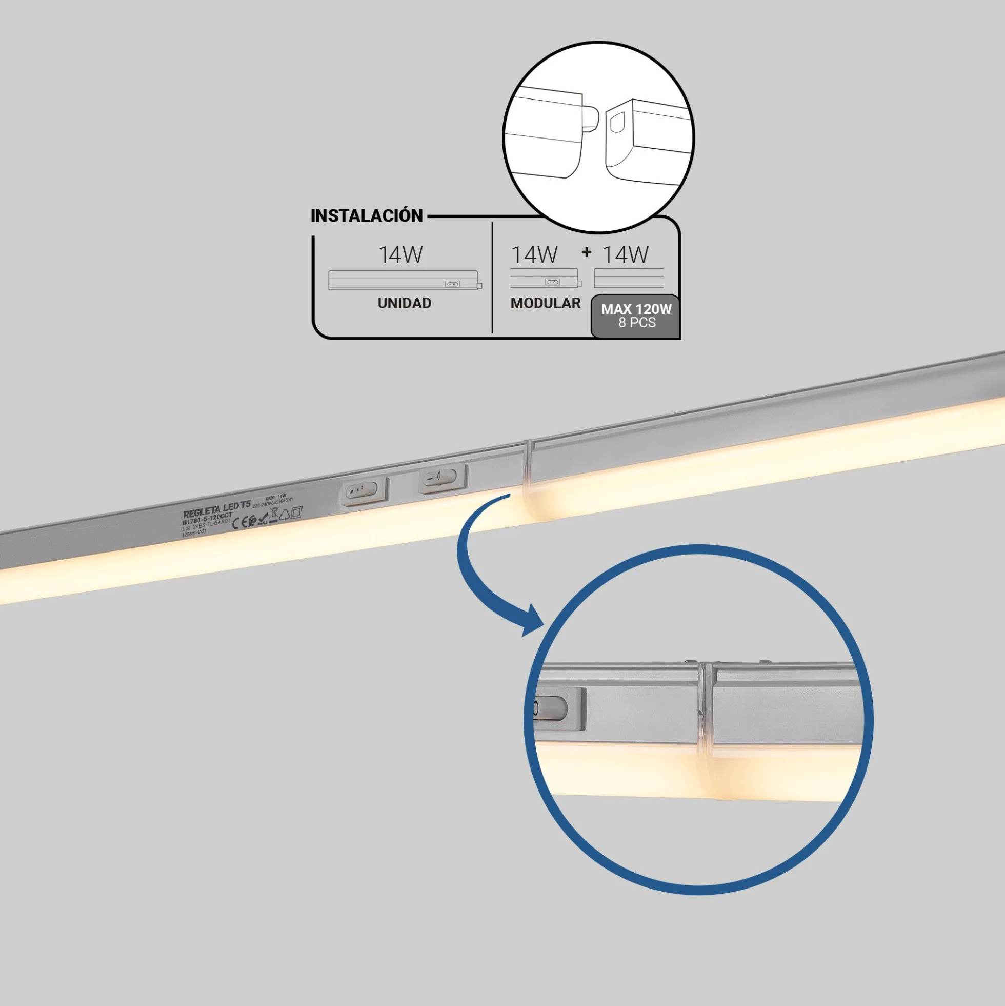 Regleta LED bajo mueble T5 - 14W - CCT - 120 cm - Opal