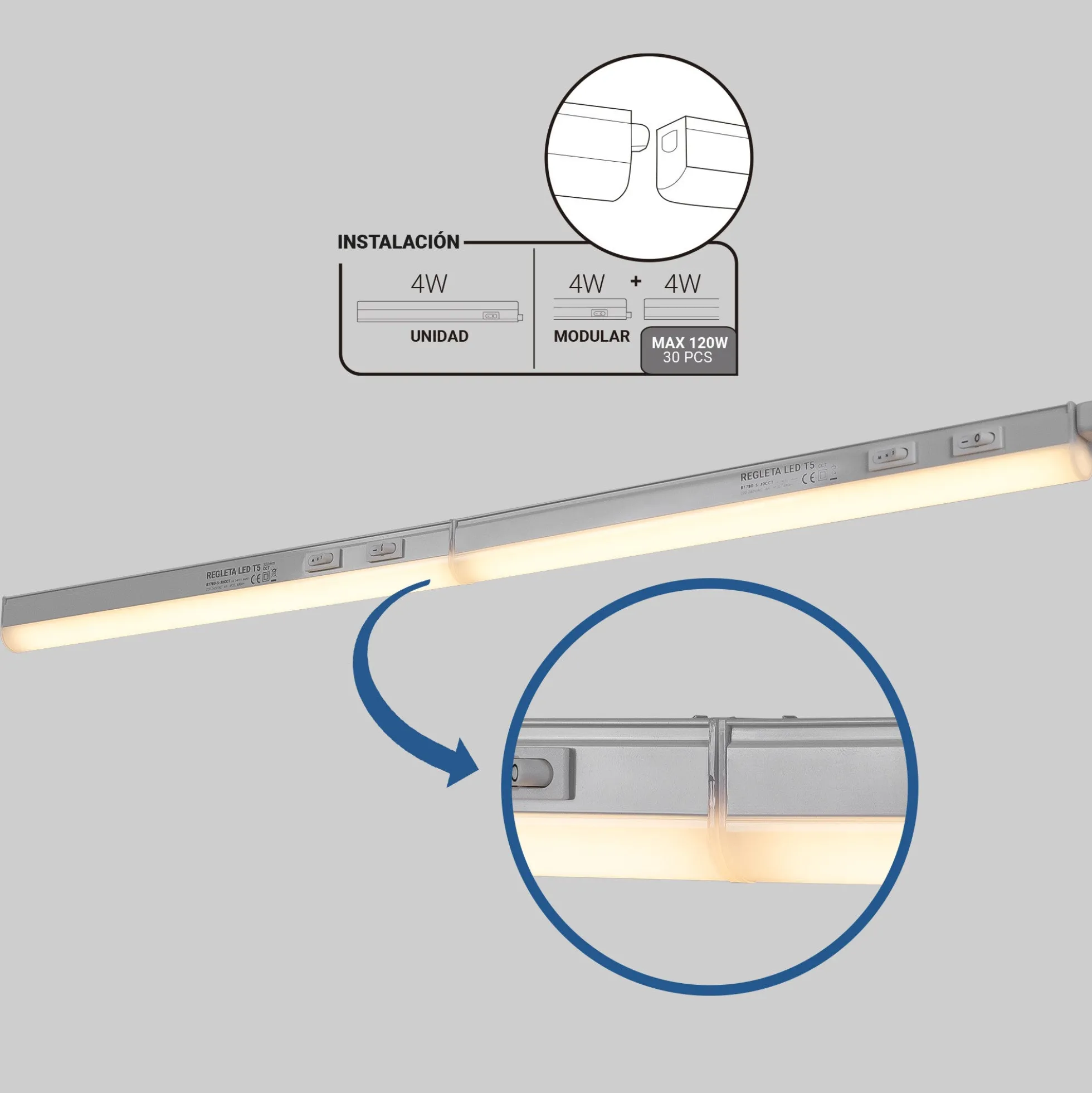 Regleta LED bajo mueble T5 - 4W - CCT - 30 cm - Opal