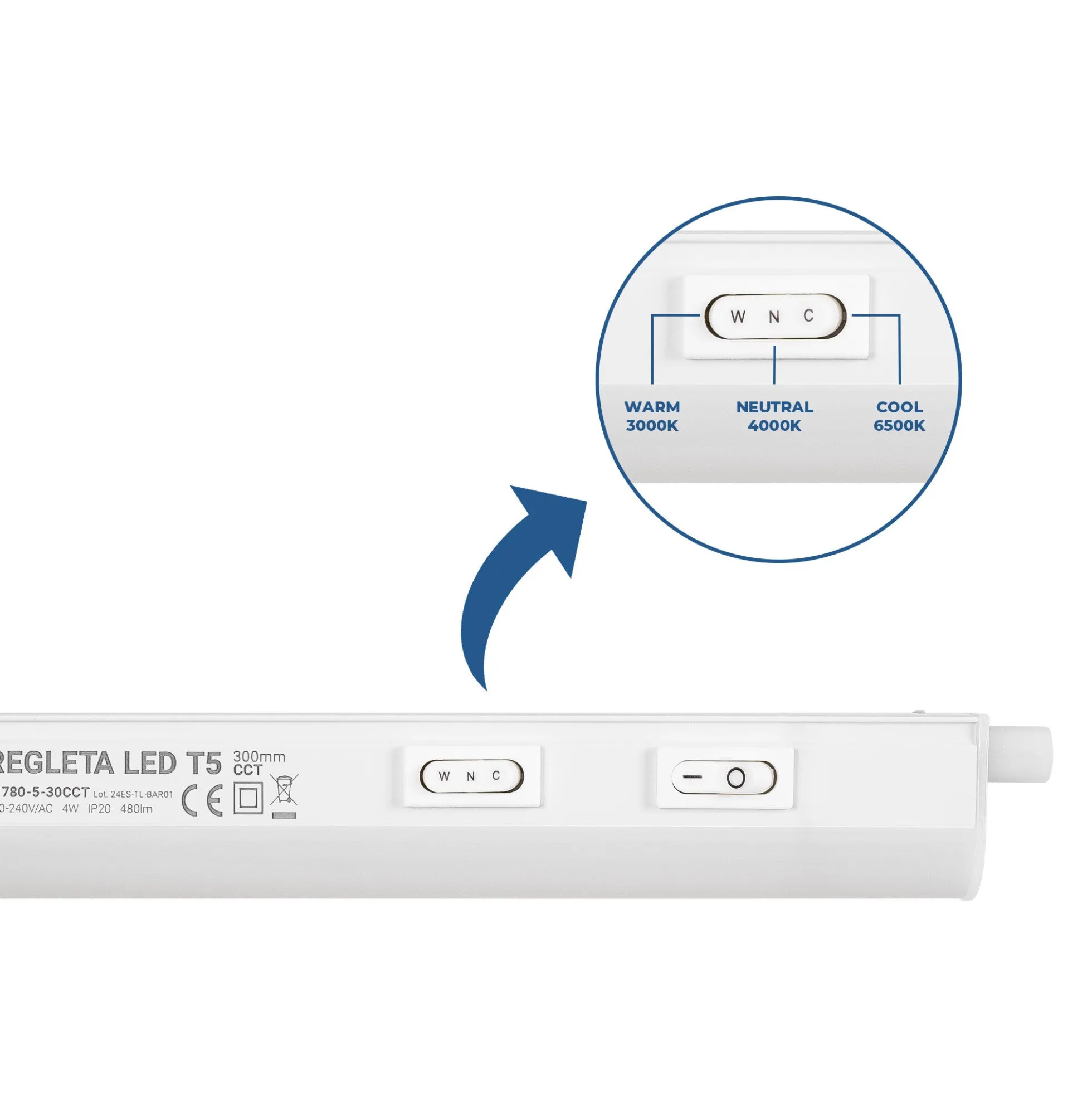 Regleta LED bajo mueble T5 - 4W - CCT - 30 cm - Opal