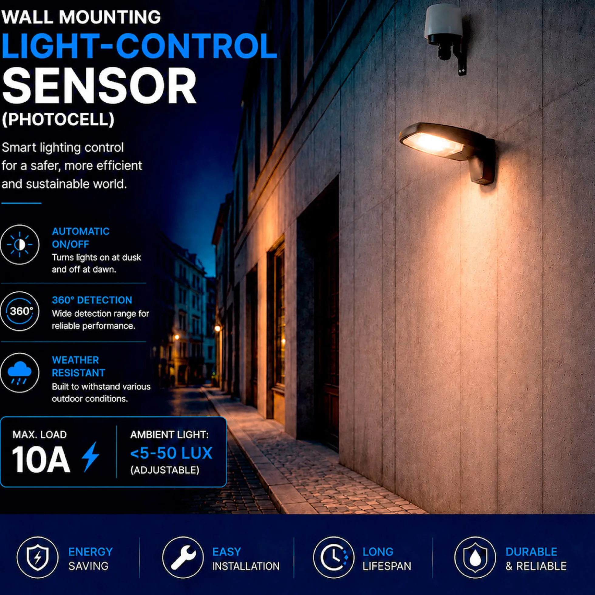 Sensor crepuscular de pared - 360º - 10A - IP66