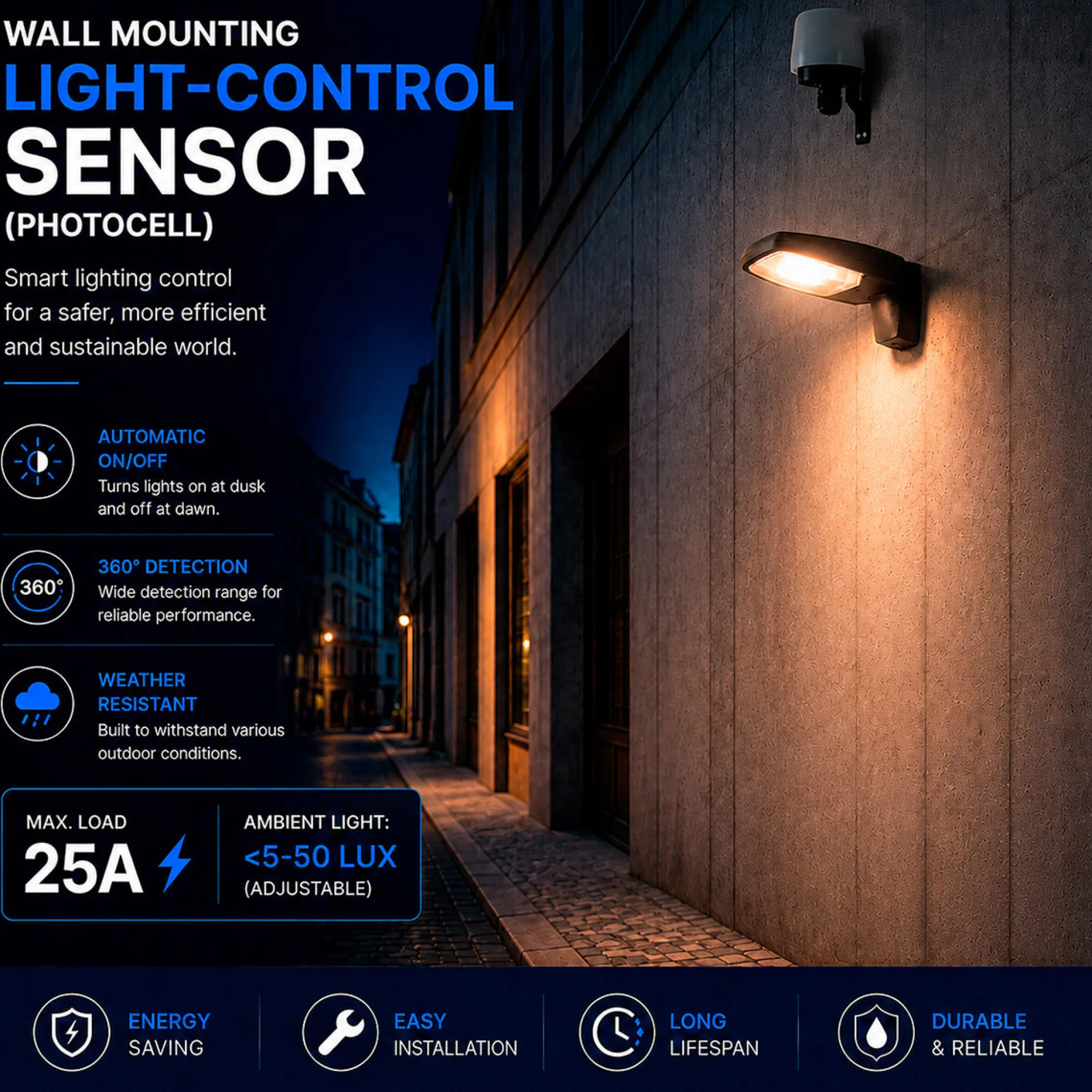 Sensor crepuscular de pared - 360º - 25A - IP66