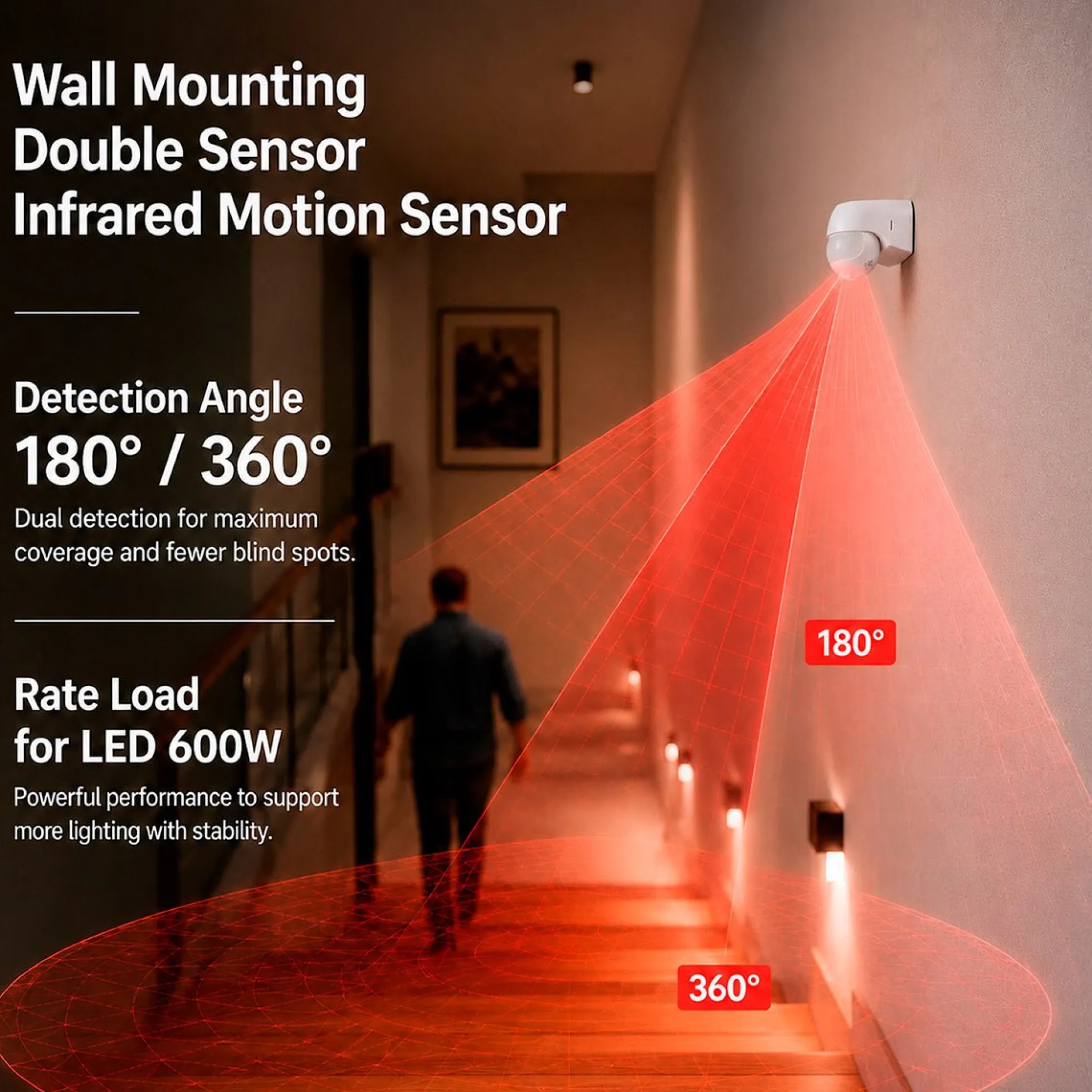 Sensor de movimiento PIR de pared - 180°/360° - 600W - IP44