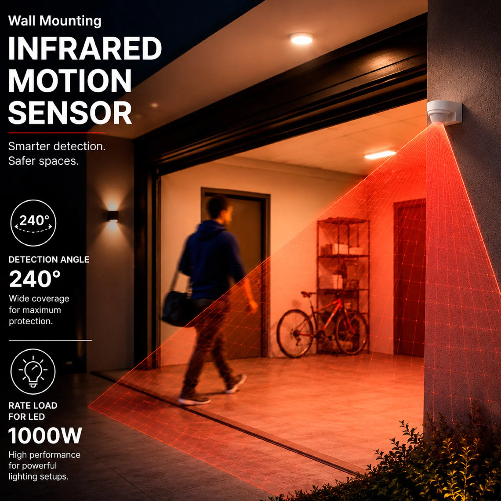 Sensor de movimiento PIRde pared - 240° - 1000W - IP65