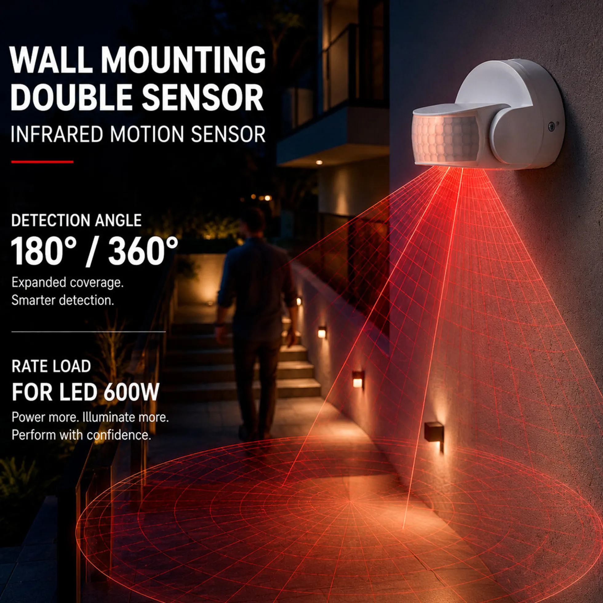 Sensor de movimiento PIR - 3 en 1 - 180°/360° - 600W - IP65