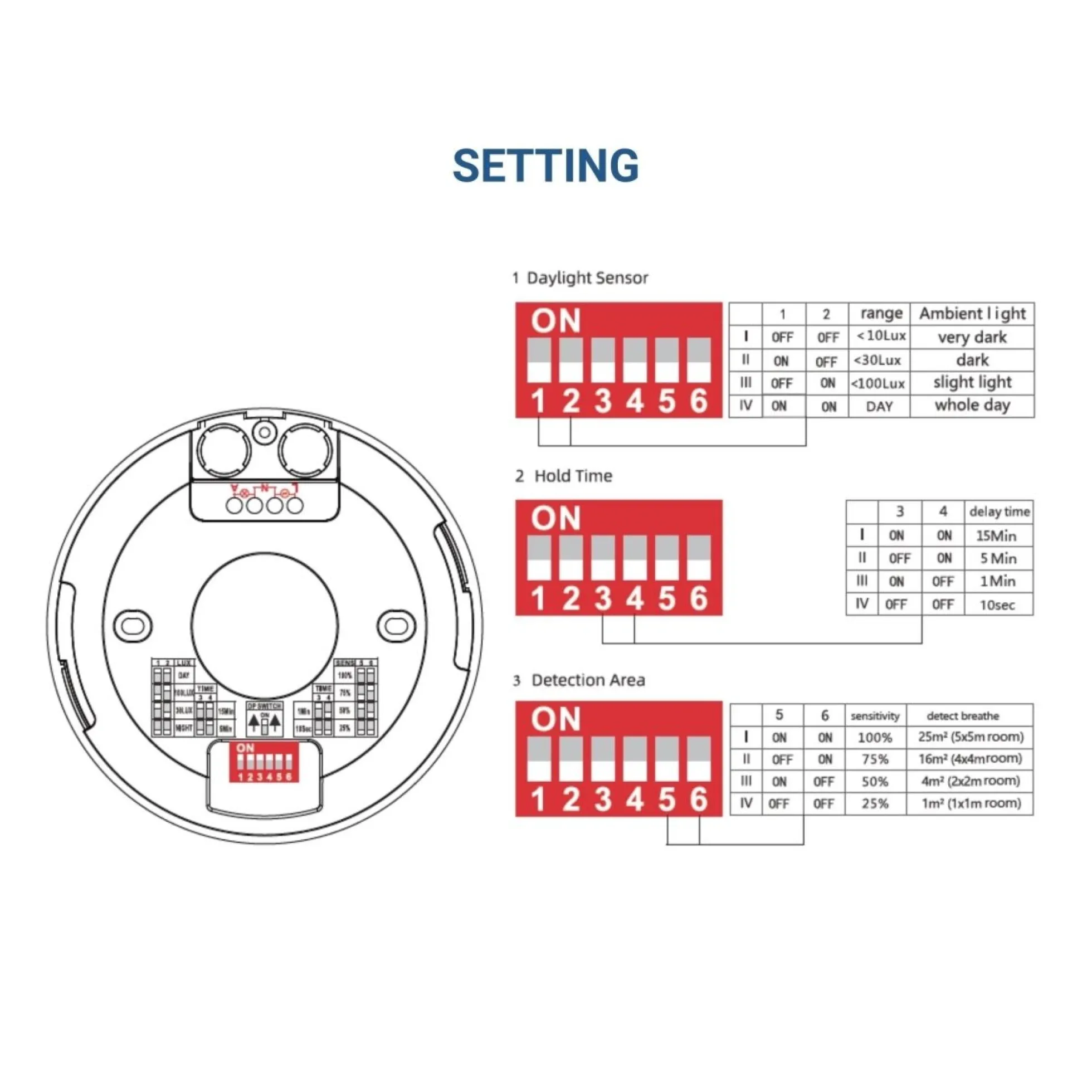 Sensor de movimiento por microondas - Superficie - DIP Switch - Techo/pared
