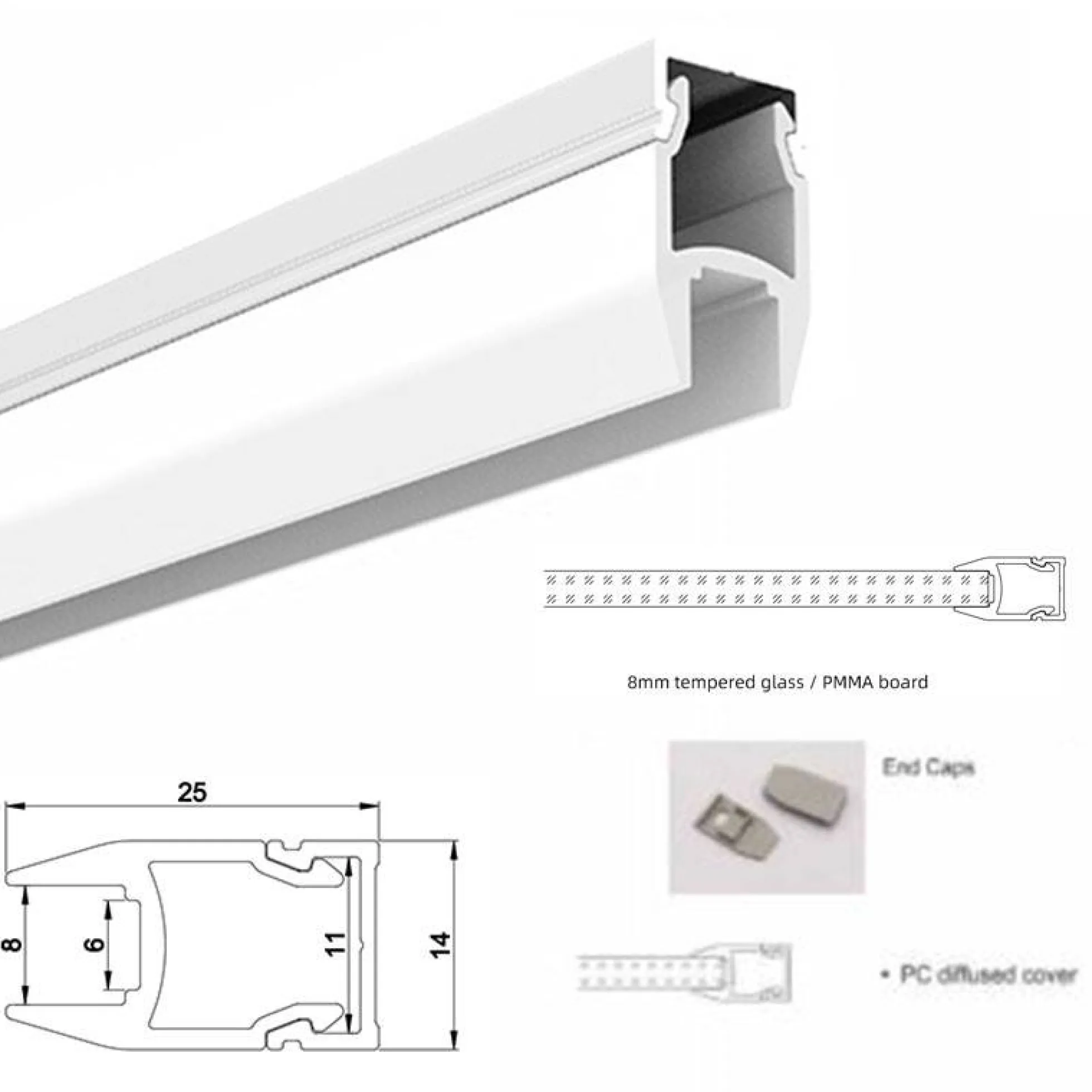Tapa para perfil de Aluminio 25X14mm para tiras LED