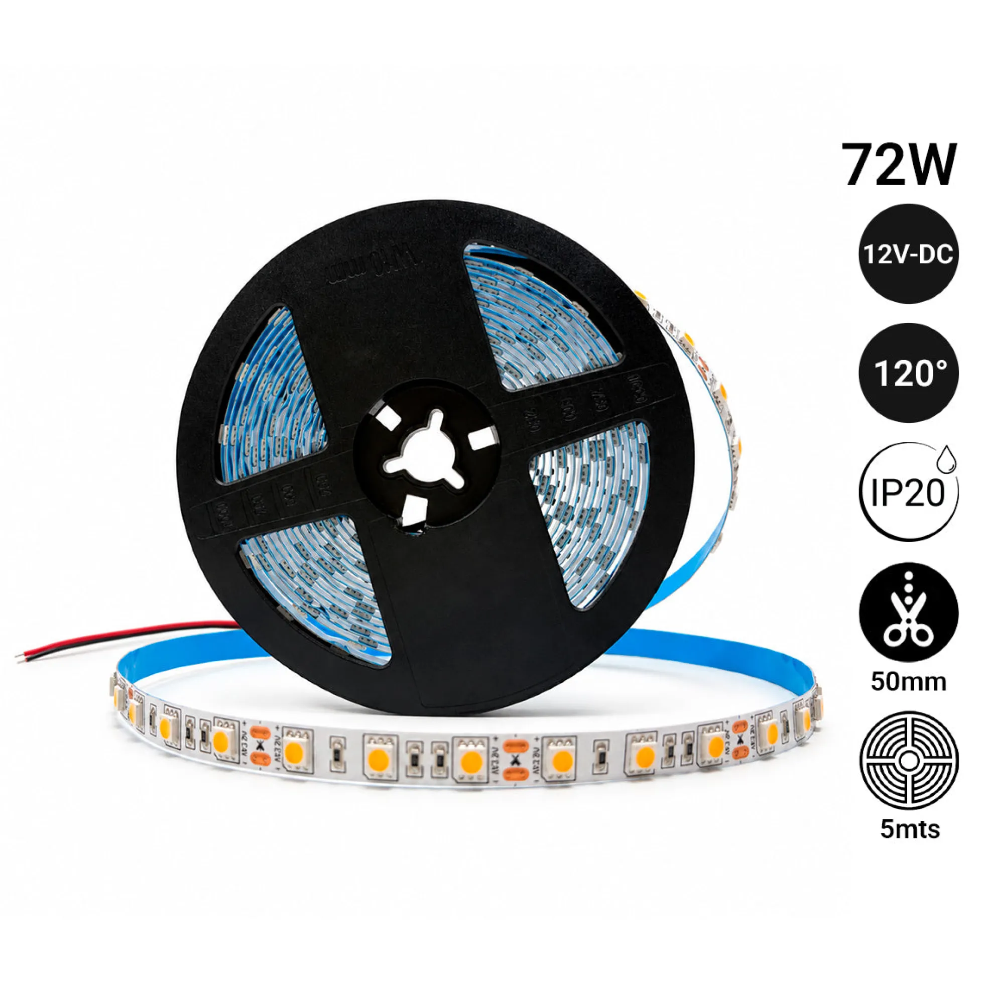 Tira de LED 12V-DC 72W 10mm monocolor IP20 (SMD5050 60cn/m) Rollo 5 metros