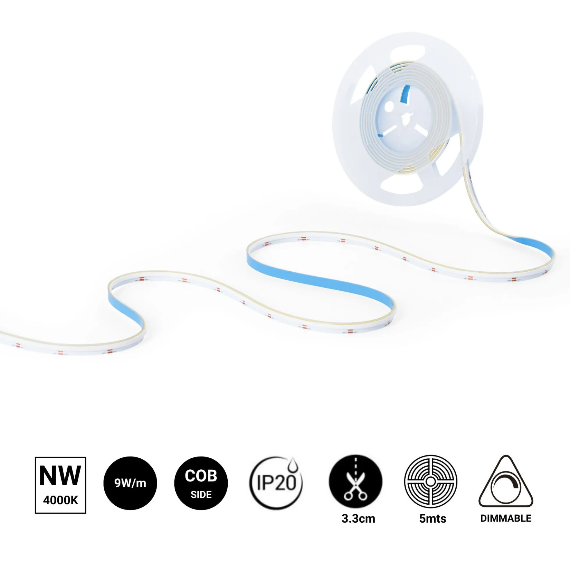 Tira LED COB 24V DC monocolor - Emisión lateral - 9W/m - 8mm - IP20 - Corte c/ 3cm - Rollo de 5 metros