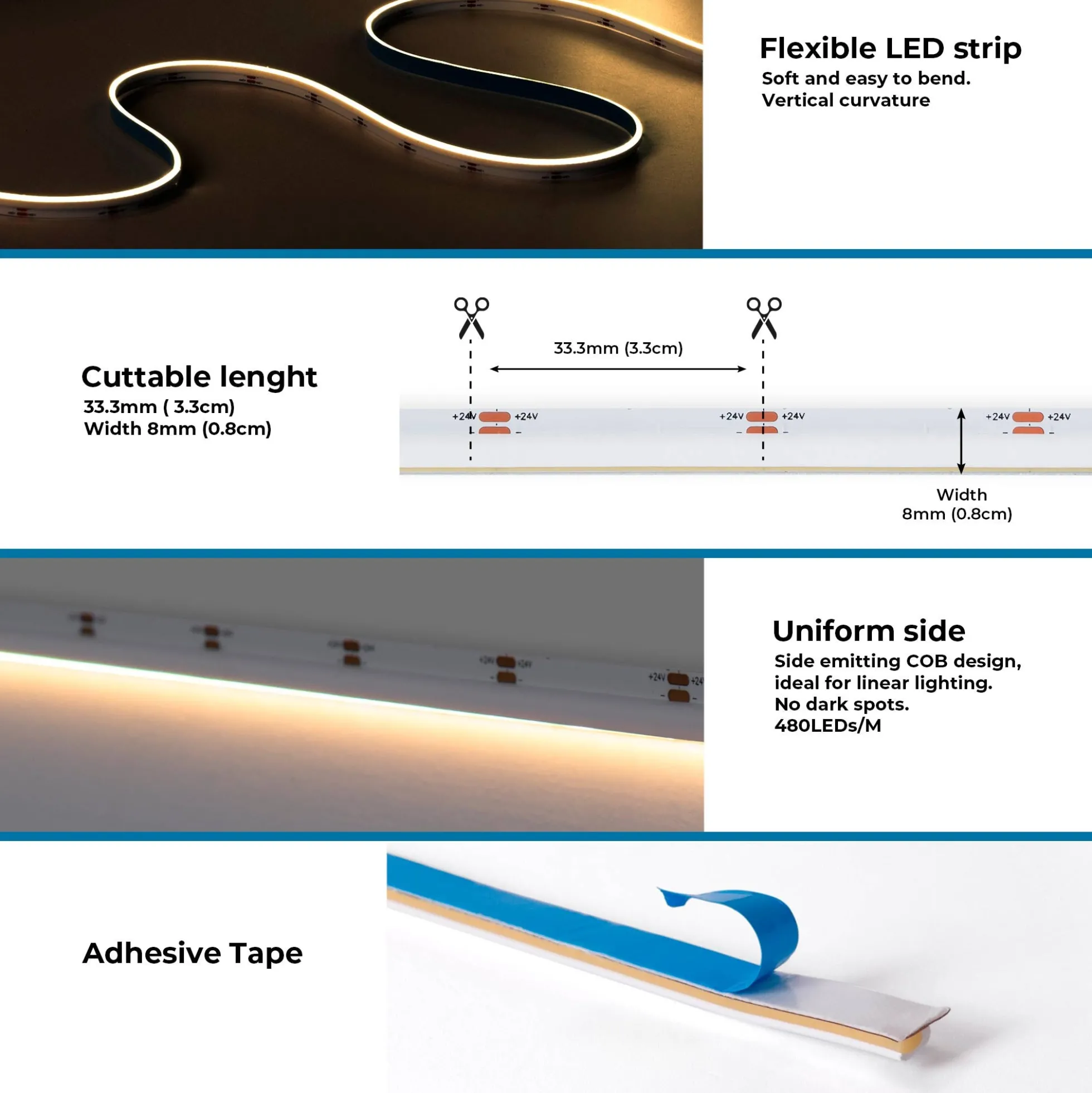 Tira LED COB 24V DC monocolor - Emisión lateral - 9W/m - 8mm - IP20 - Corte c/ 3cm - Rollo de 5 metros