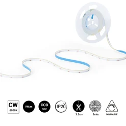 Tira LED COB 24V DC monocolor - Emisión lateral - 9W/m - 8mm - IP20 - Corte c/ 3cm - Rollo de 5 metros