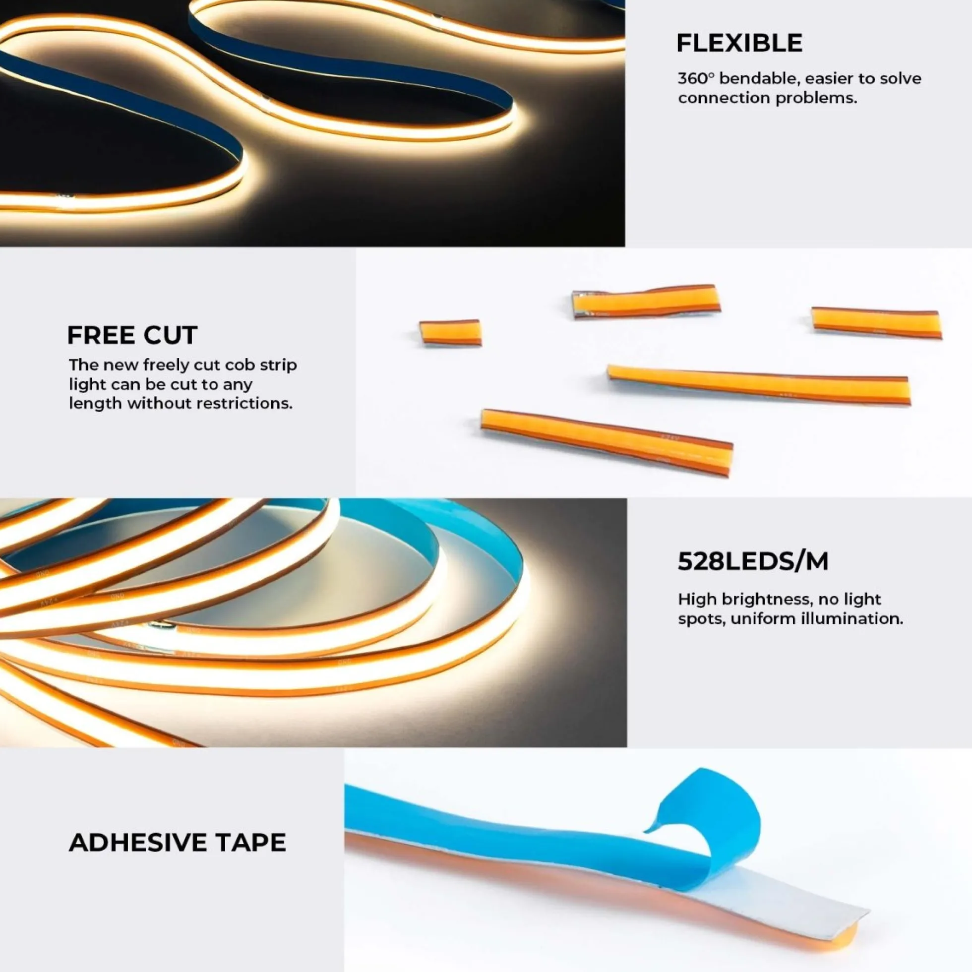 Tira LED COB 24V DC -Monocolor - FREE CUT - 11W/m - 8mm - IP20 - Rollo de 5 metros