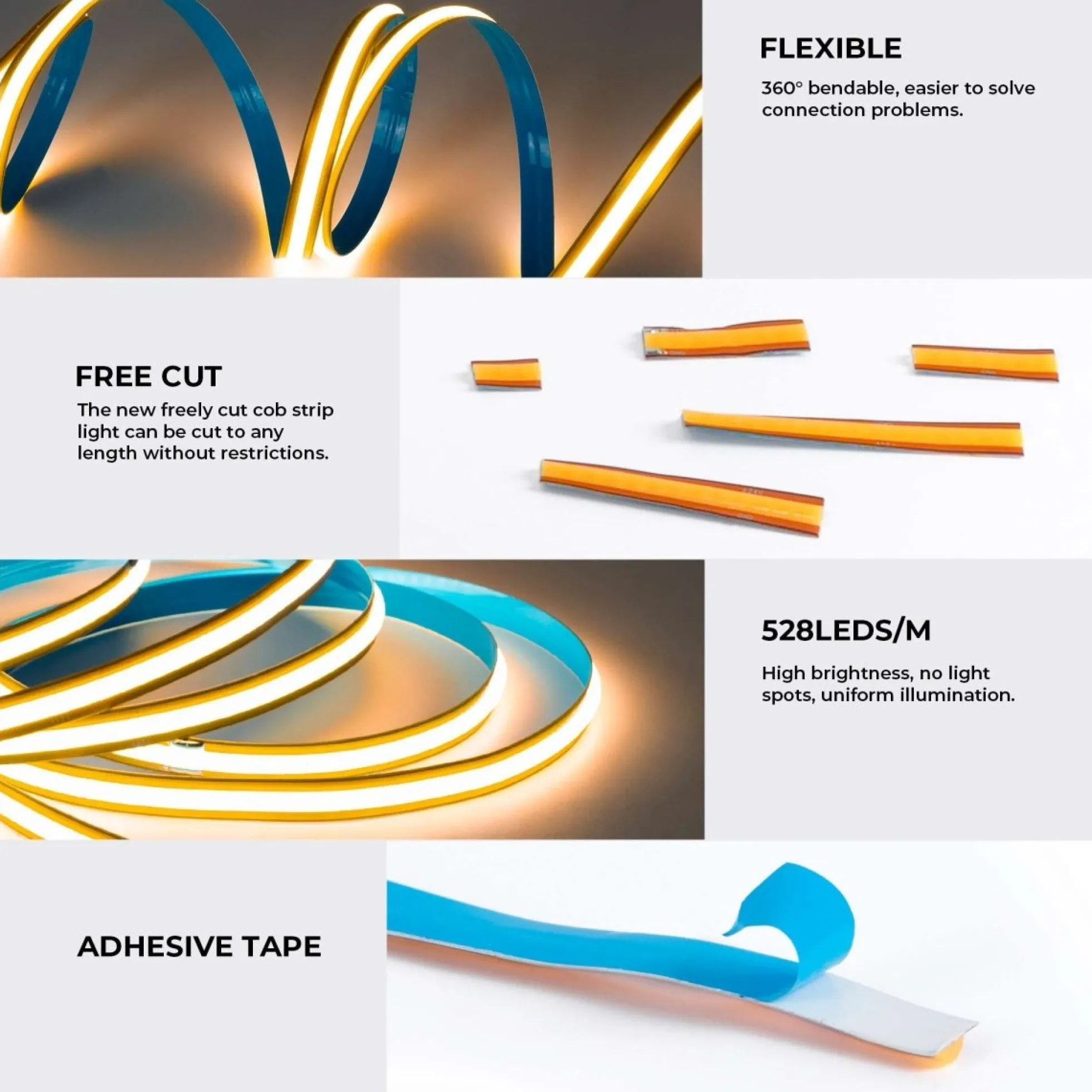 Tira LED COB 24V DC -Monocolor - FREE CUT - 11W/m - 8mm - IP20 - Rollo de 5 metros