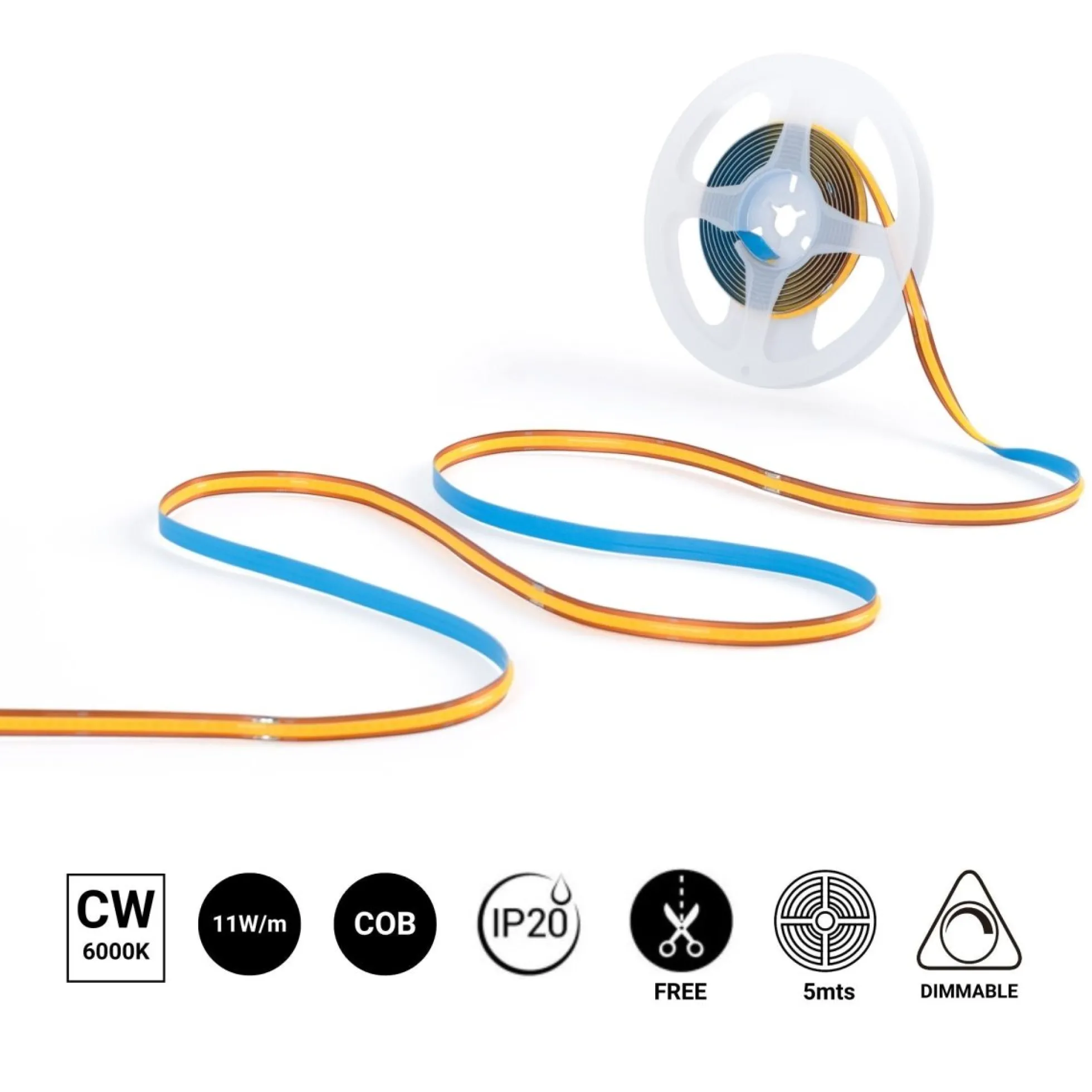 Tira LED COB 24V DC -Monocolor - FREE CUT - 11W/m - 8mm - IP20 - Rollo de 5 metros