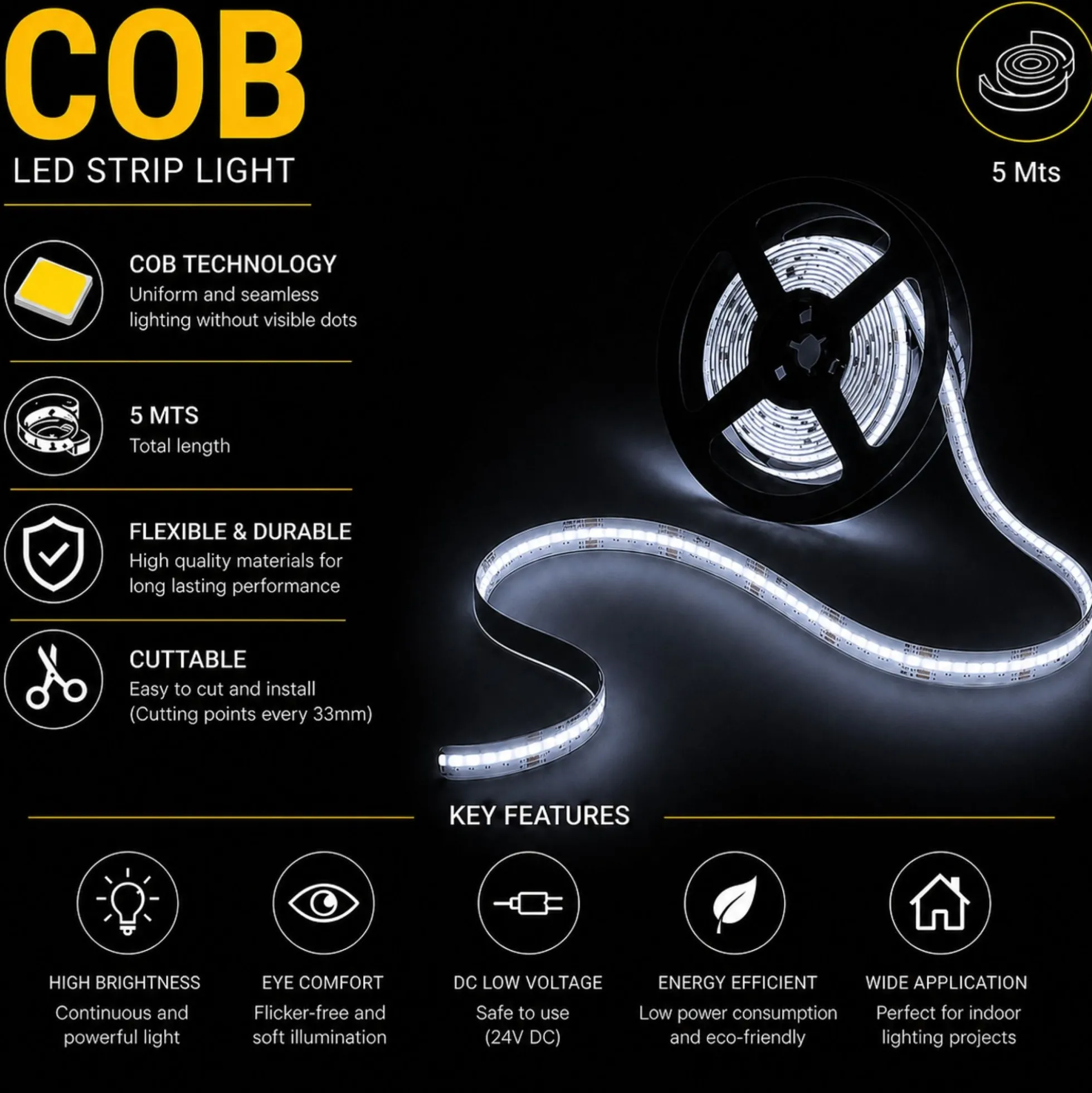 Tira LED COB 24V DC - RGBCW - 19W/m - 12mm - IP20 - Rollo de 5 metros - Corte 33mm