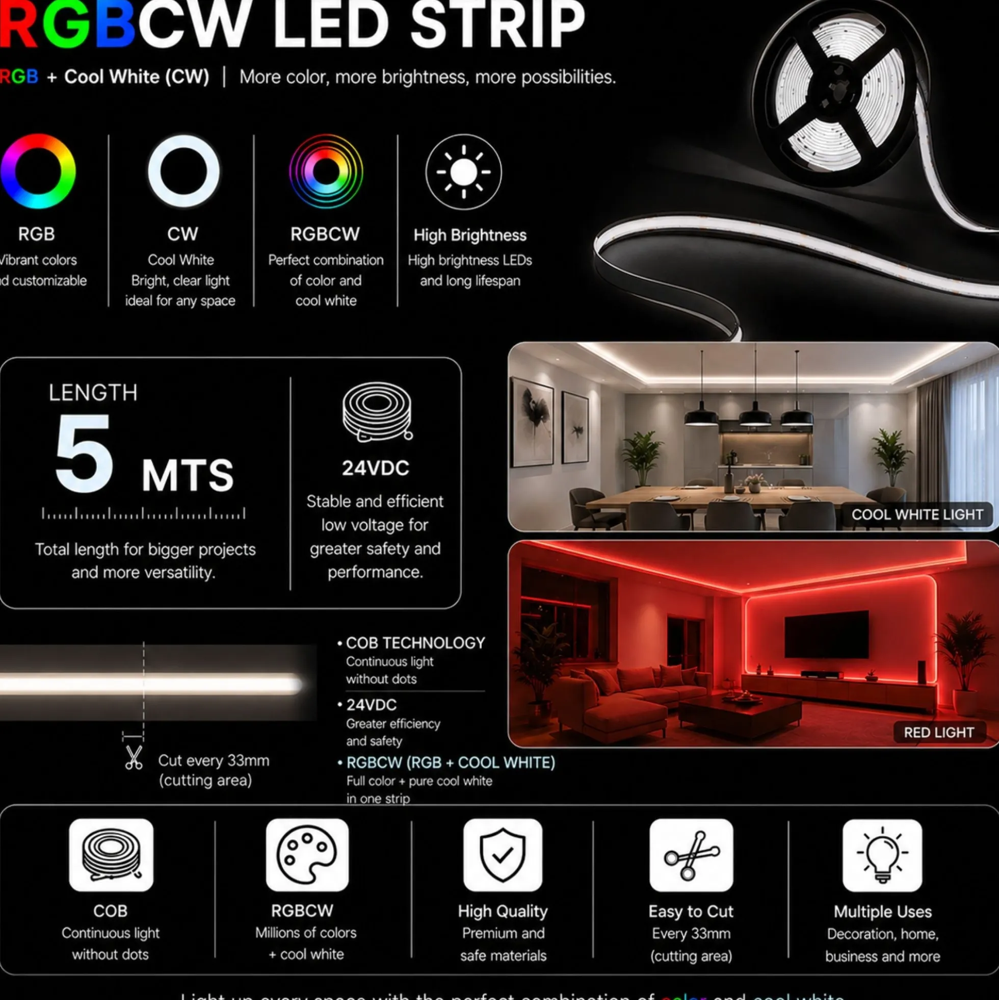 Tira LED COB 24V DC - RGBCW - 19W/m - 12mm - IP20 - Rollo de 5 metros - Corte 33mm