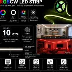 Tira LED COB 24V DC - RGBCW - 19W/m - 12mm - IP20 - Rollo de 10 metros - Corte 33mm