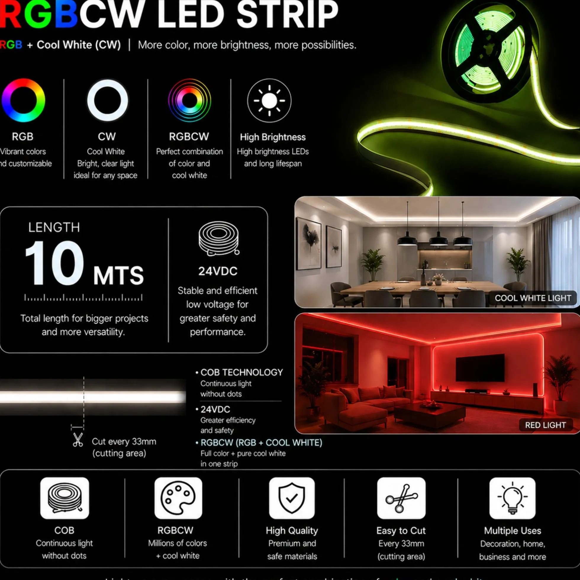 Tira LED COB 24V DC - RGBCW - 19W/m - 12mm - IP20 - Rollo de 10 metros - Corte 33mm
