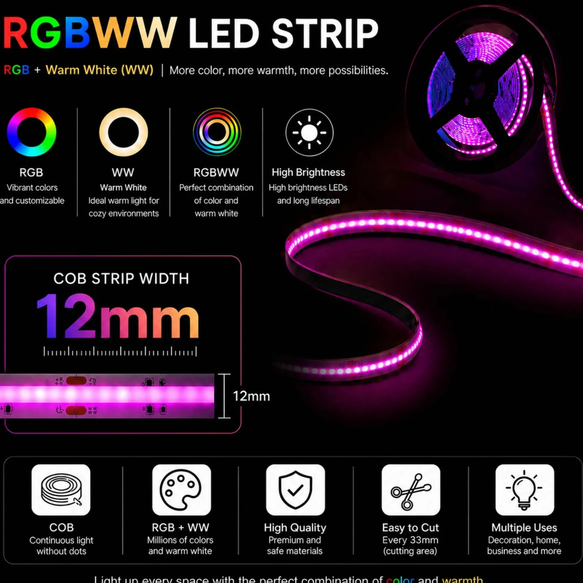 Tira LED COB 24V DC - RGBWW - 19W/m - 12mm - IP20 - Rollo de 5 metros - Corte 33mm