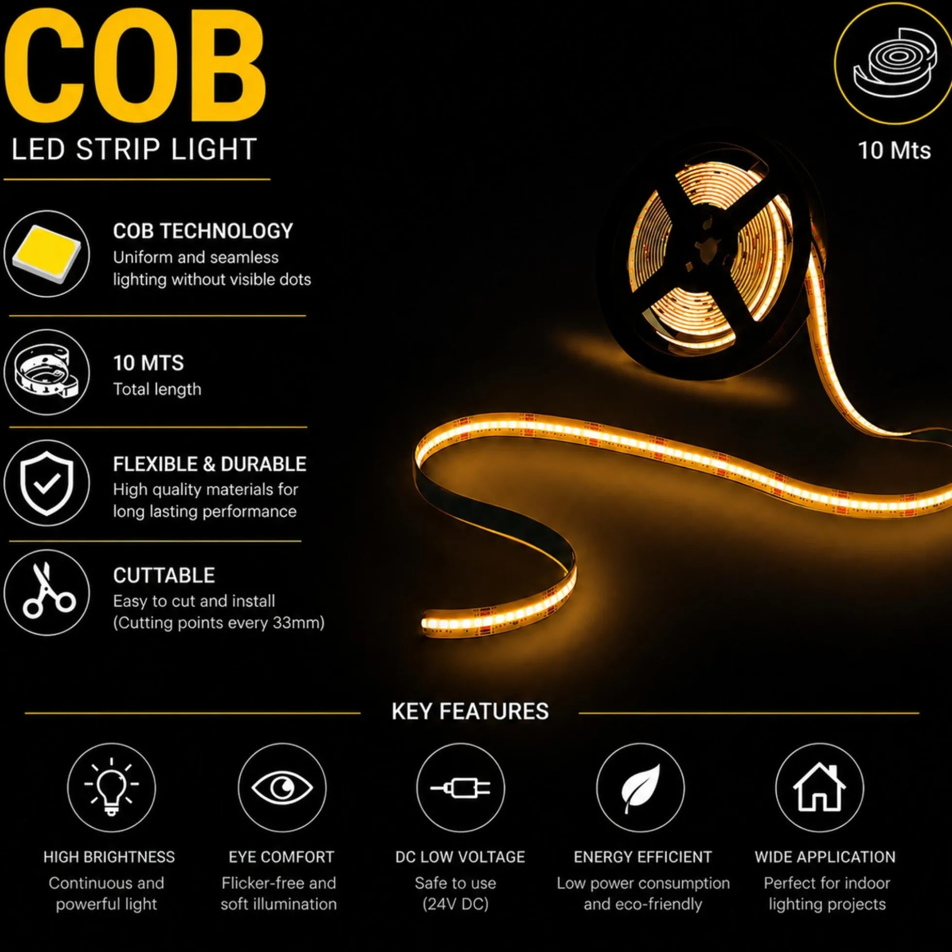 Tira LED COB 24V DC - RGBWW - 19W/m - 12mm - IP20 - Rollo de10metros - Corte 33mm