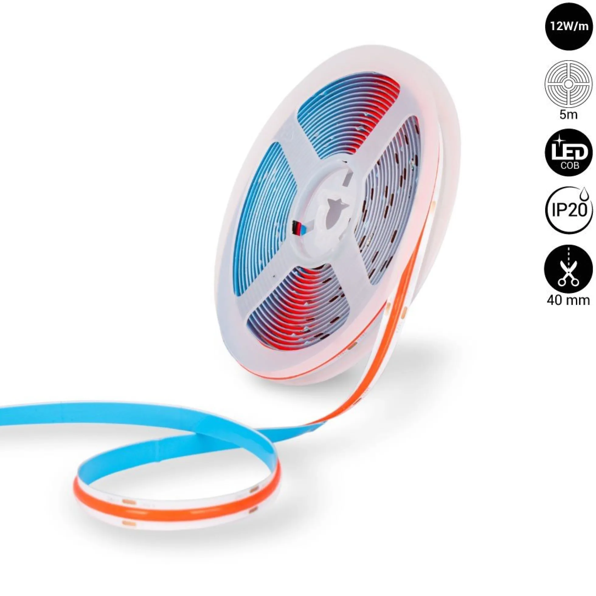 Tira LED COB 24V DC - 12W/m - Colores - 8mm - IP20 - Rollo de 5 metros - Corte cada 4cm