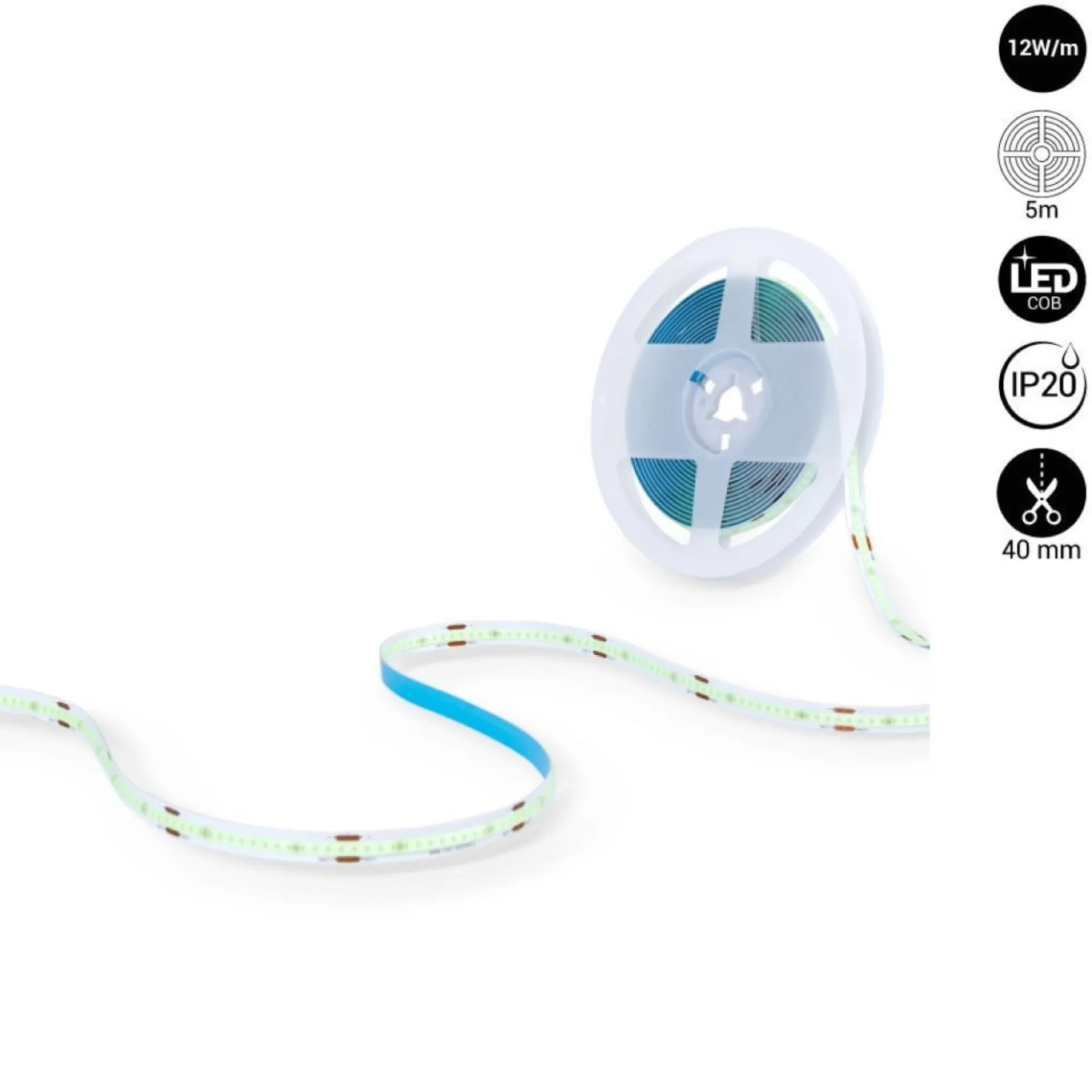 Tira LED COB 24V DC - 12W/m - Colores - 8mm - IP20 - Rollo de 5 metros - Corte cada 4cm