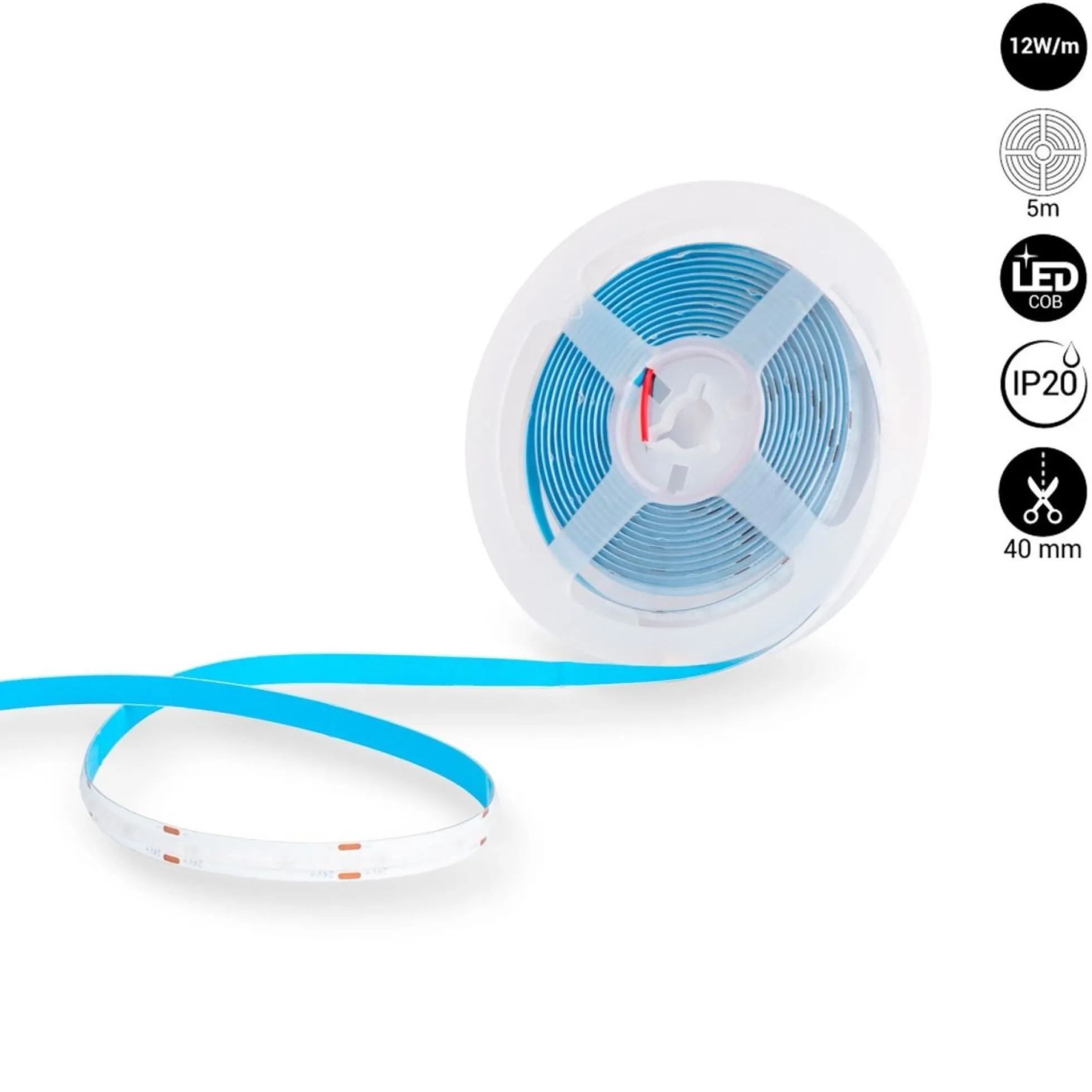 Tira LED COB 24V DC - 12W/m - Colores - 8mm - IP20 - Rollo de 5 metros - Corte cada 4cm