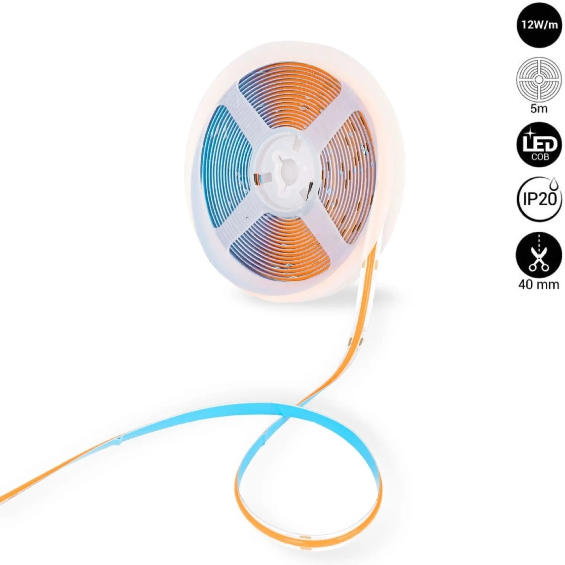 Tira LED COB 24V DC - 12W/m - Colores - 8mm - IP20 - Rollo de 5 metros - Corte cada 4cm