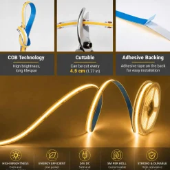 Tira LED COB 24V DC - 12W/m - 8mm - IP20 - Rollo de 5 metros - Corte cada 4,5 cm