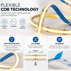 Tira LED COB 24V DC - 12W/m - 10mm - IP20 - Rollo de 10 metros - Corte cada 5cm