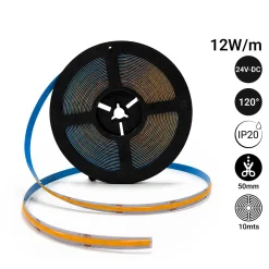 Tira LED COB 24V DC - 12W/m - 10mm - IP20 - Rollo de 10 metros - Corte cada 5cm