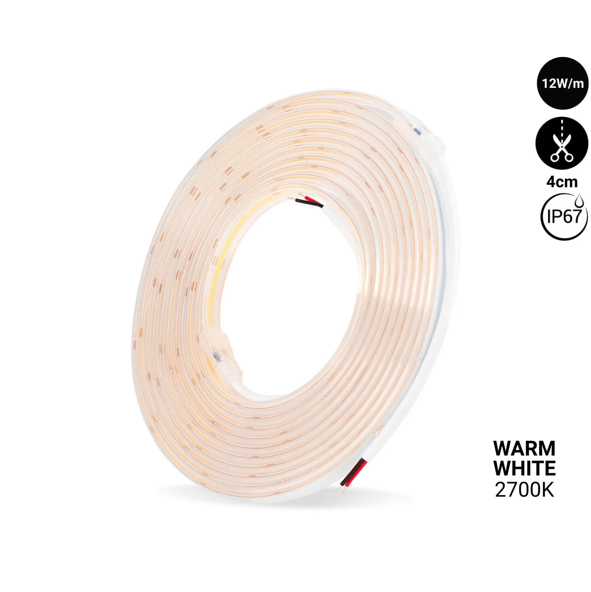 Tira LED COB 24V DC - 12W/m - 10mm - IP67 - Rollo de 5 metros - Corte cada 4cm