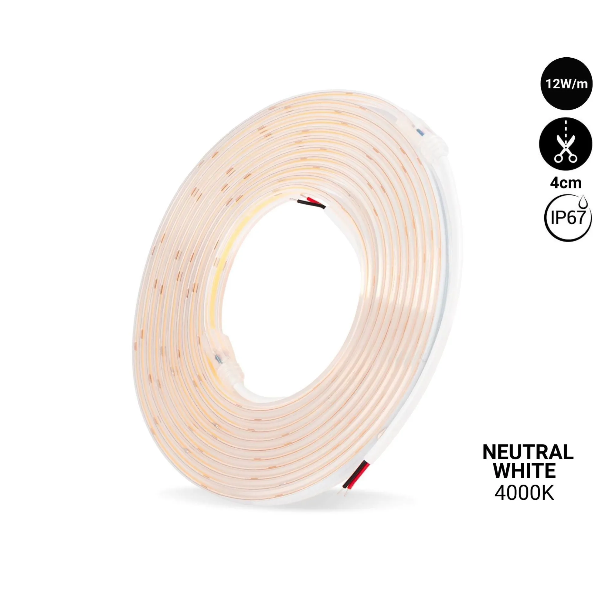 Tira LED COB 24V DC - 12W/m - 10mm - IP67 - Rollo de 5 metros - Corte cada 4cm
